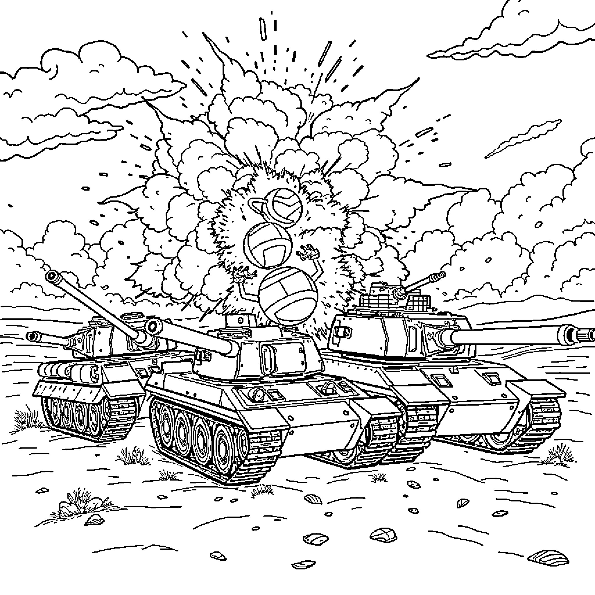 Tank battle with explosive action and intense warfare Coloring Page (free black-and-white line drawing printable PDF for all, from beginners to advanced learners, including children, teens, adults, and seniors)