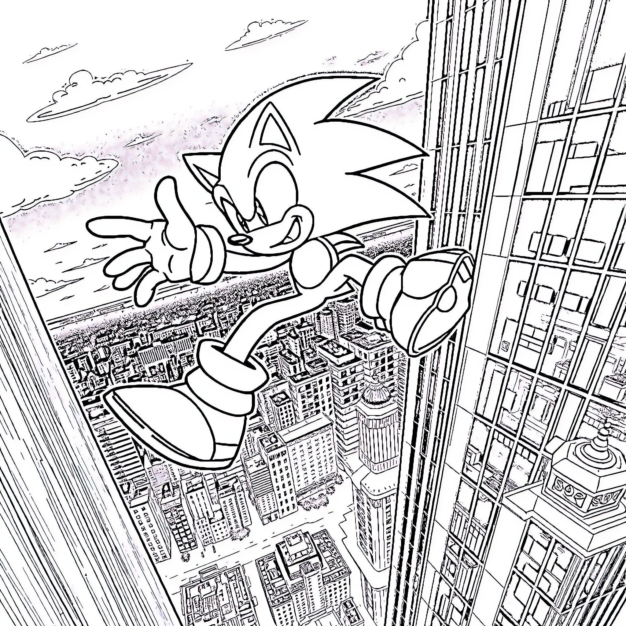 Sonic soaring through the city skyline Coloring Page (free black-and-white line drawing printable PDF for all, from beginners to advanced learners, including children, teens, adults, and seniors)