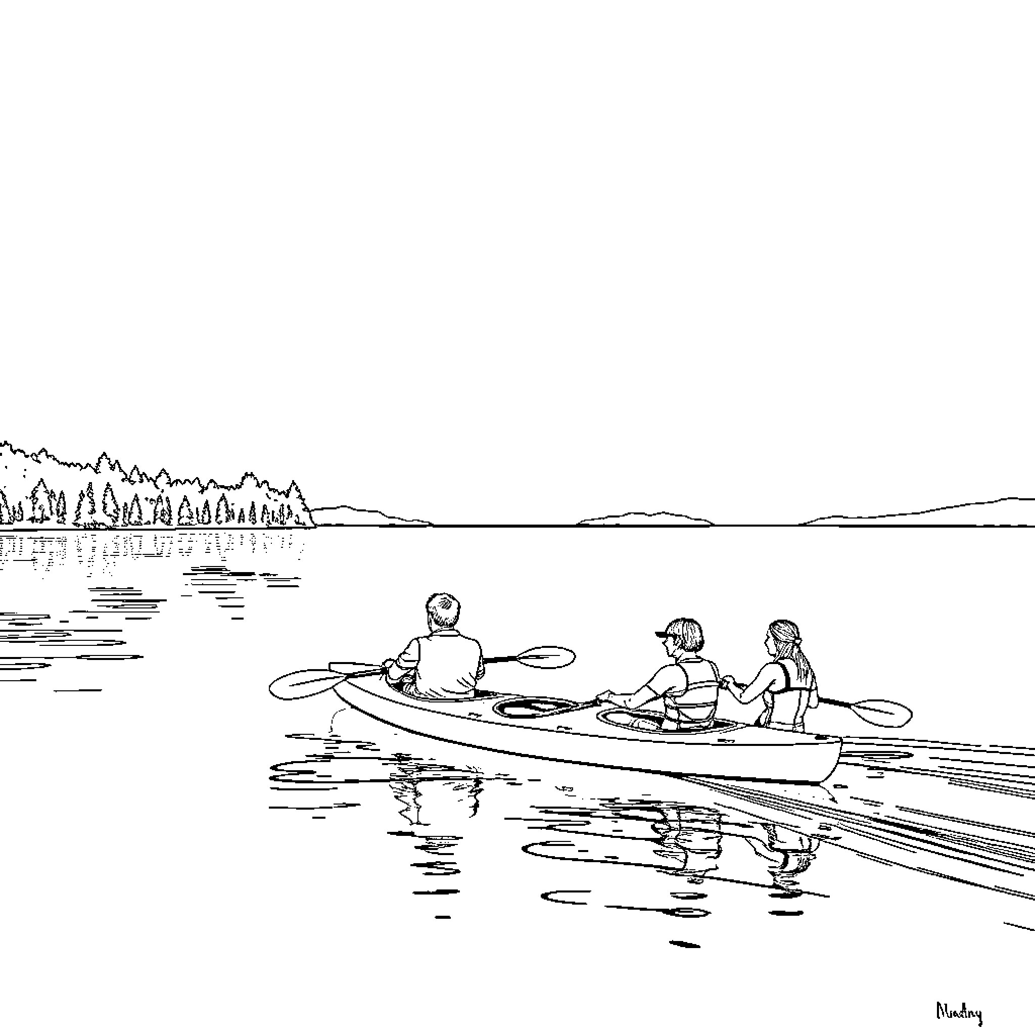 Kayak adventure with friends on peaceful lake Coloring Page (free black-and-white line drawing printable PDF for all, from beginners to advanced learners, including children, teens, adults, and seniors)