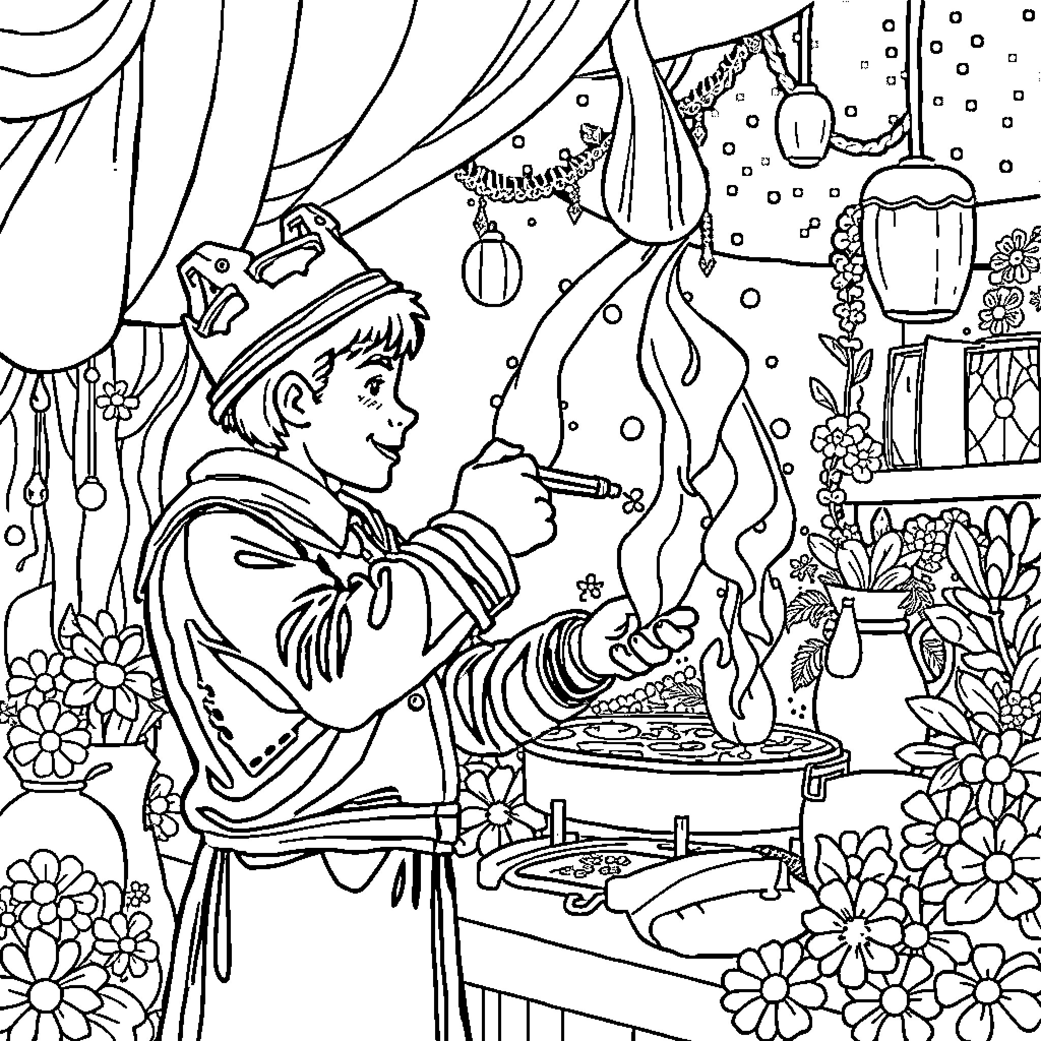 Jose's Magical Adventure at the Winter Carnival Coloring Page (free black-and-white line drawing printable PDF for all, from beginners to advanced learners, including children, teens, adults, and seniors)