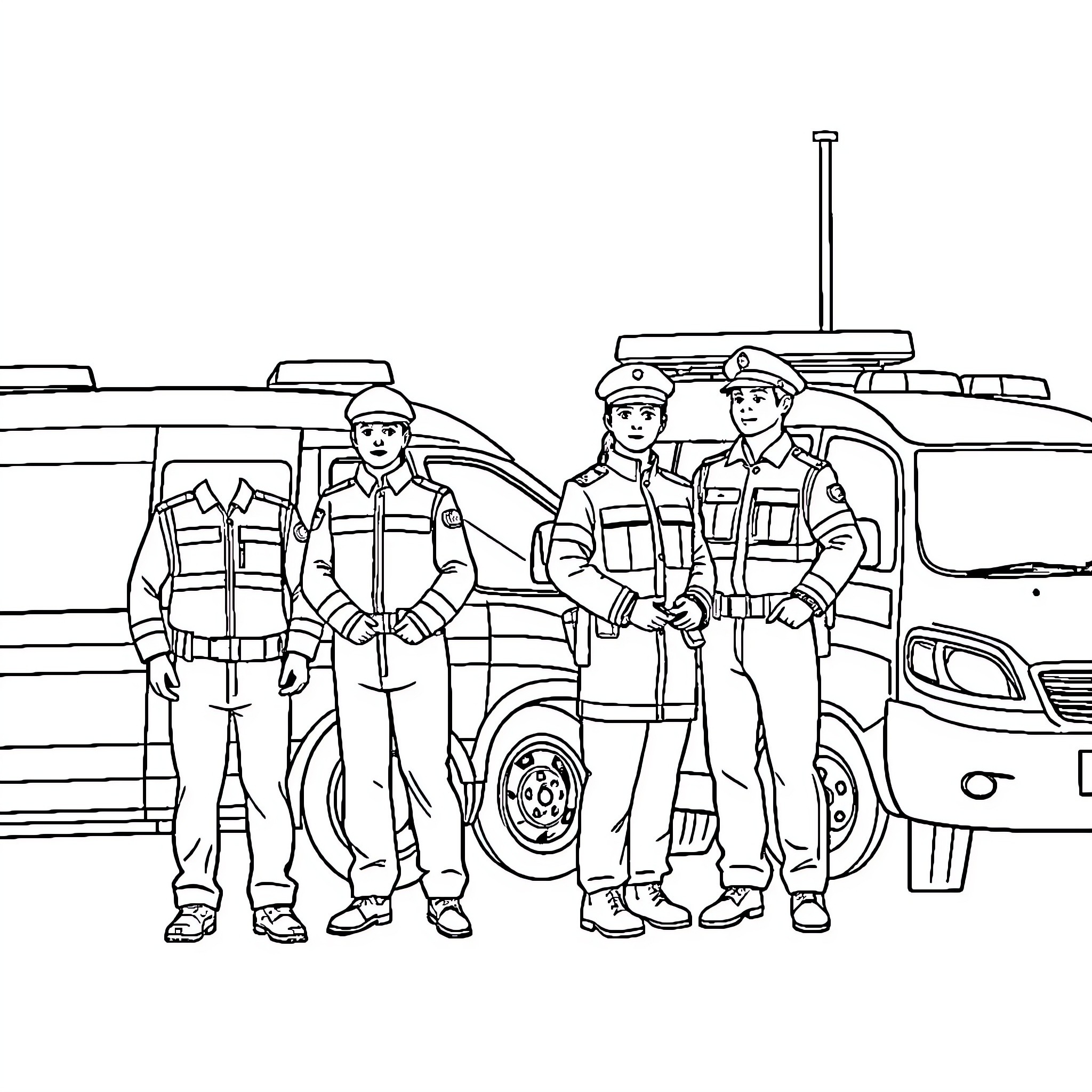 Firefighters working together at emergency scene Coloring Page (free black-and-white line drawing printable PDF for all, from beginners to advanced learners, including children, teens, adults, and seniors)