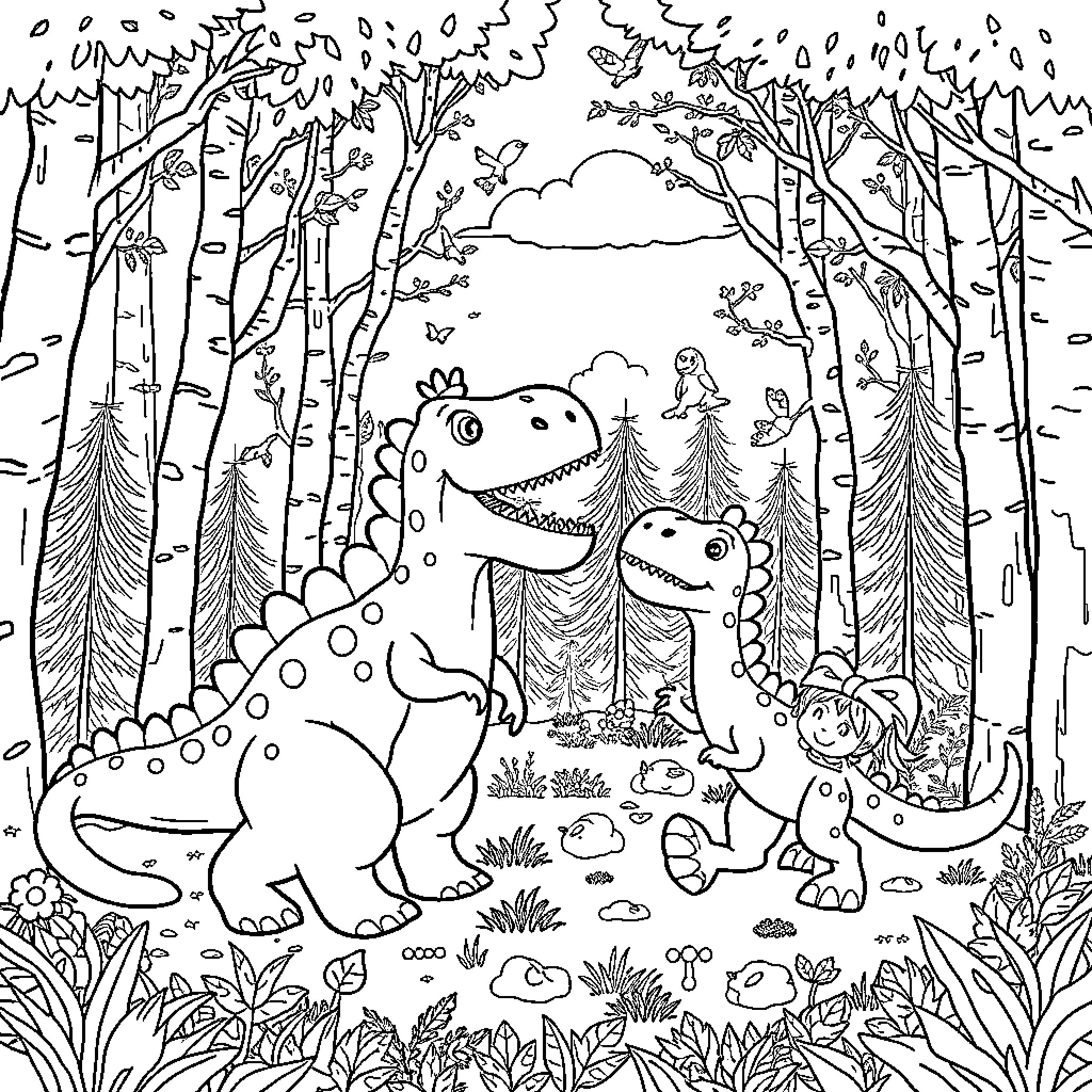 Dinos playing in the magical forest Coloring Page (free black-and-white line drawing printable PDF for all, from beginners to advanced learners, including children, teens, adults, and seniors)