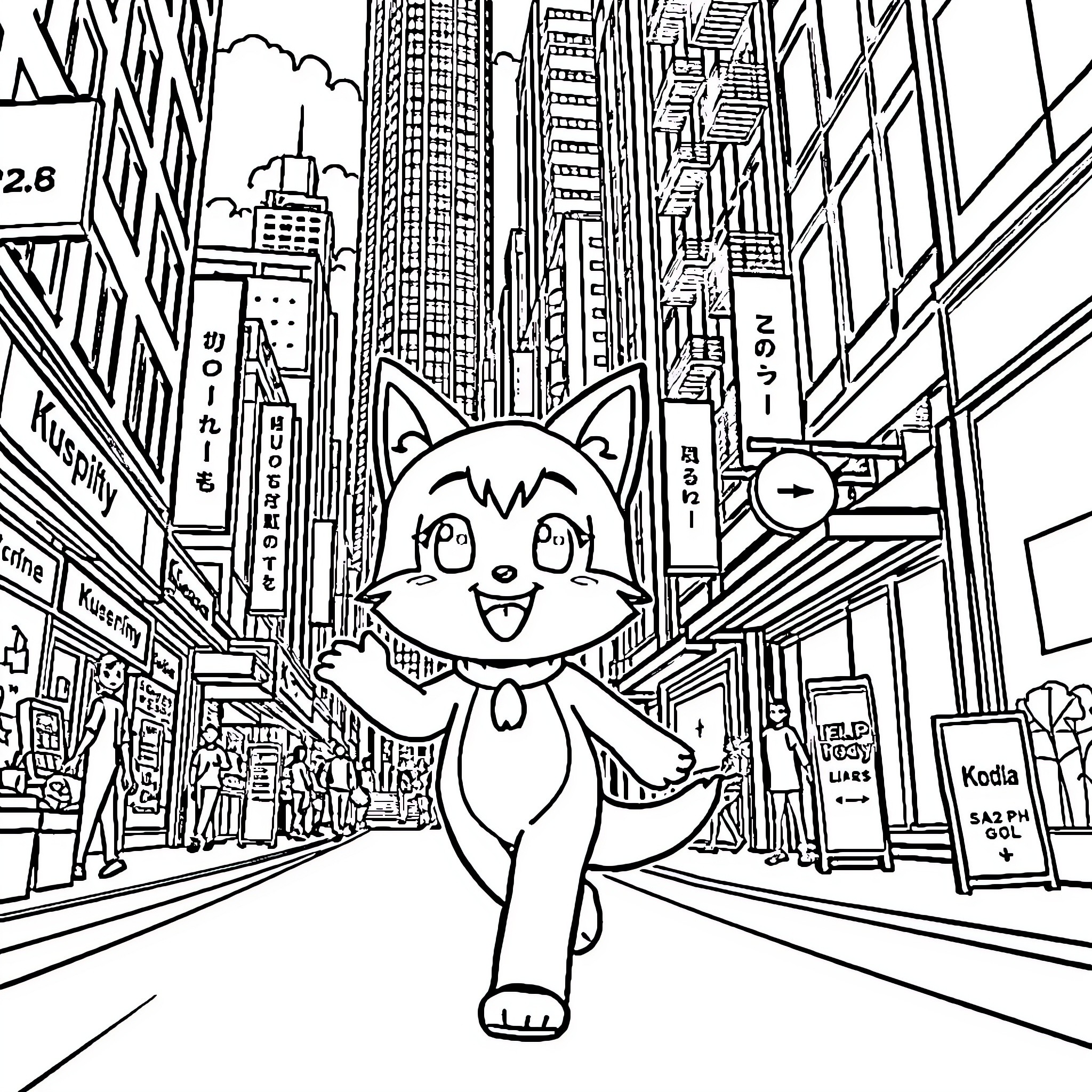 Kuromi enjoys the bustling city scene Coloring Page (free black-and-white line drawing printable PDF for all, from beginners to advanced learners, including children, teens, adults, and seniors)