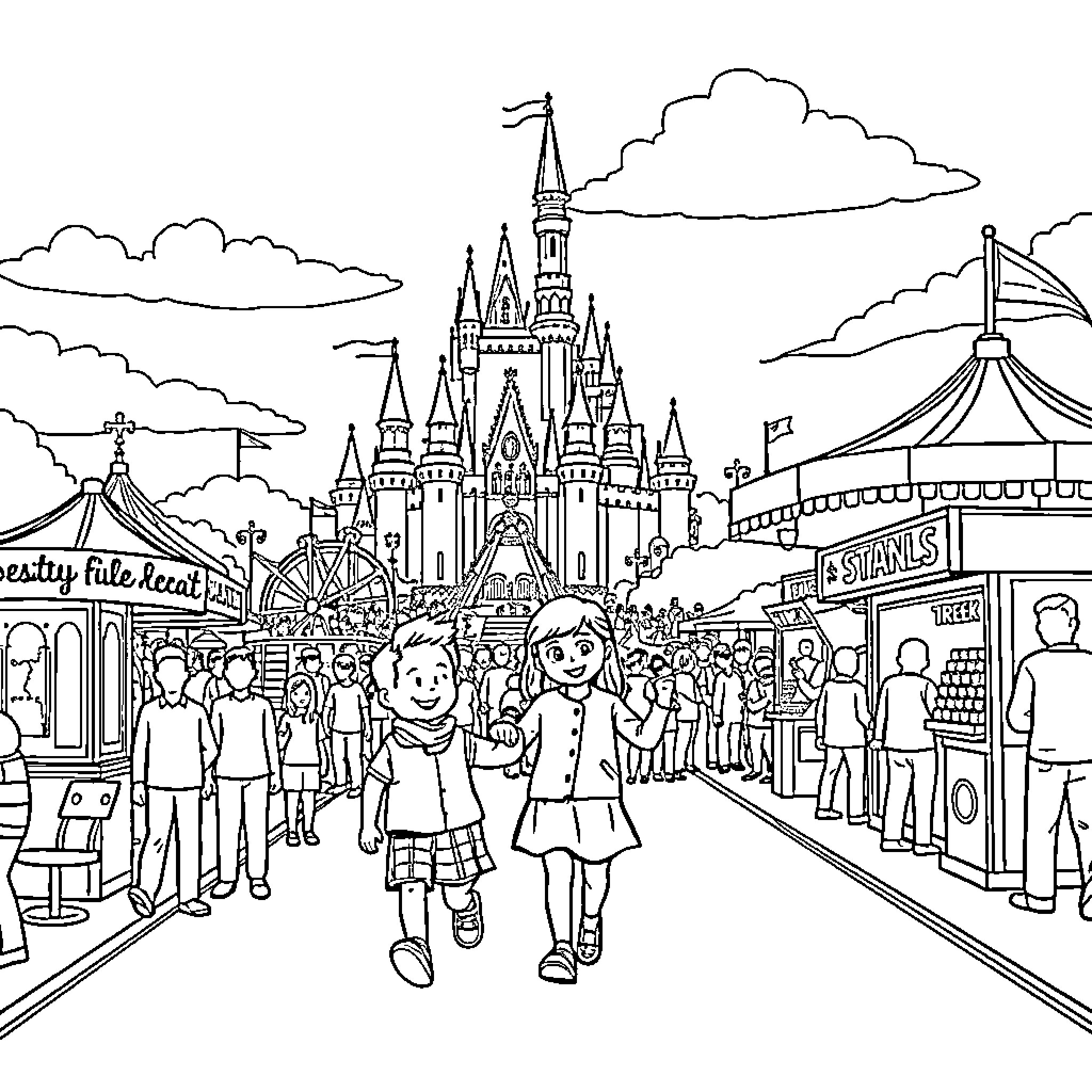 Parent and child exploring the magical theme park Coloring Page (free black-and-white line drawing printable PDF for all, from beginners to advanced learners, including children, teens, adults, and seniors)