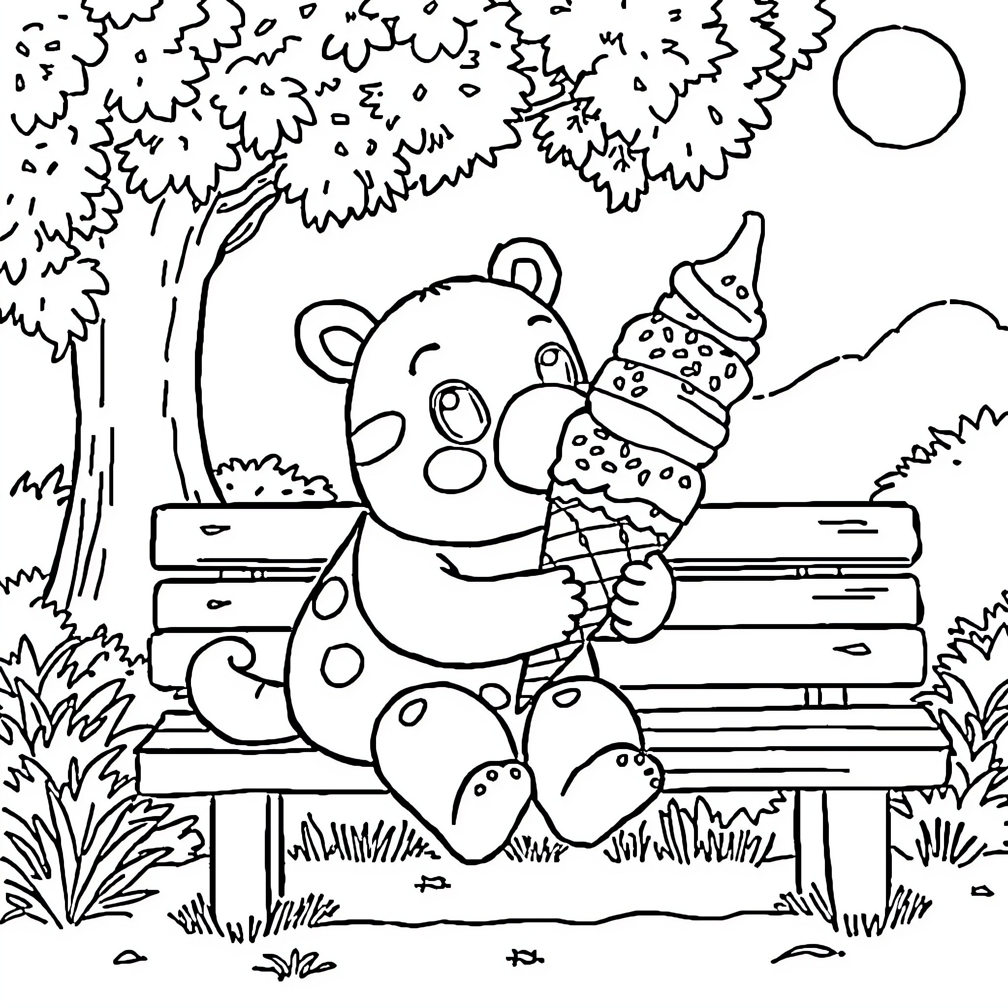 Labubu enjoys a sweet treat on a park bench Coloring Page (free black-and-white line drawing printable PDF for all, from beginners to advanced learners, including children, teens, adults, and seniors)