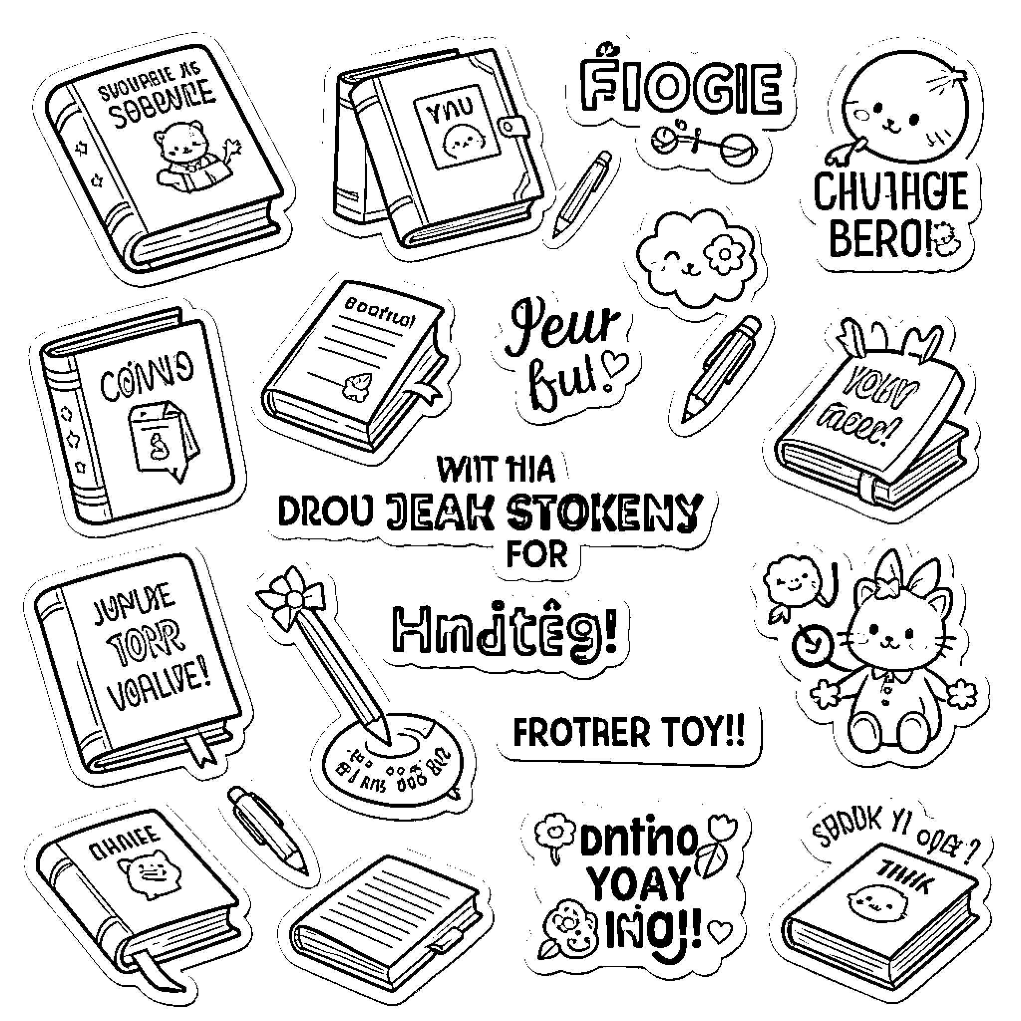 Sticker collection of cute books and whimsical doodles Coloring Page (free black-and-white line drawing printable PDF for all, from beginners to advanced learners, including children, teens, adults, and seniors)