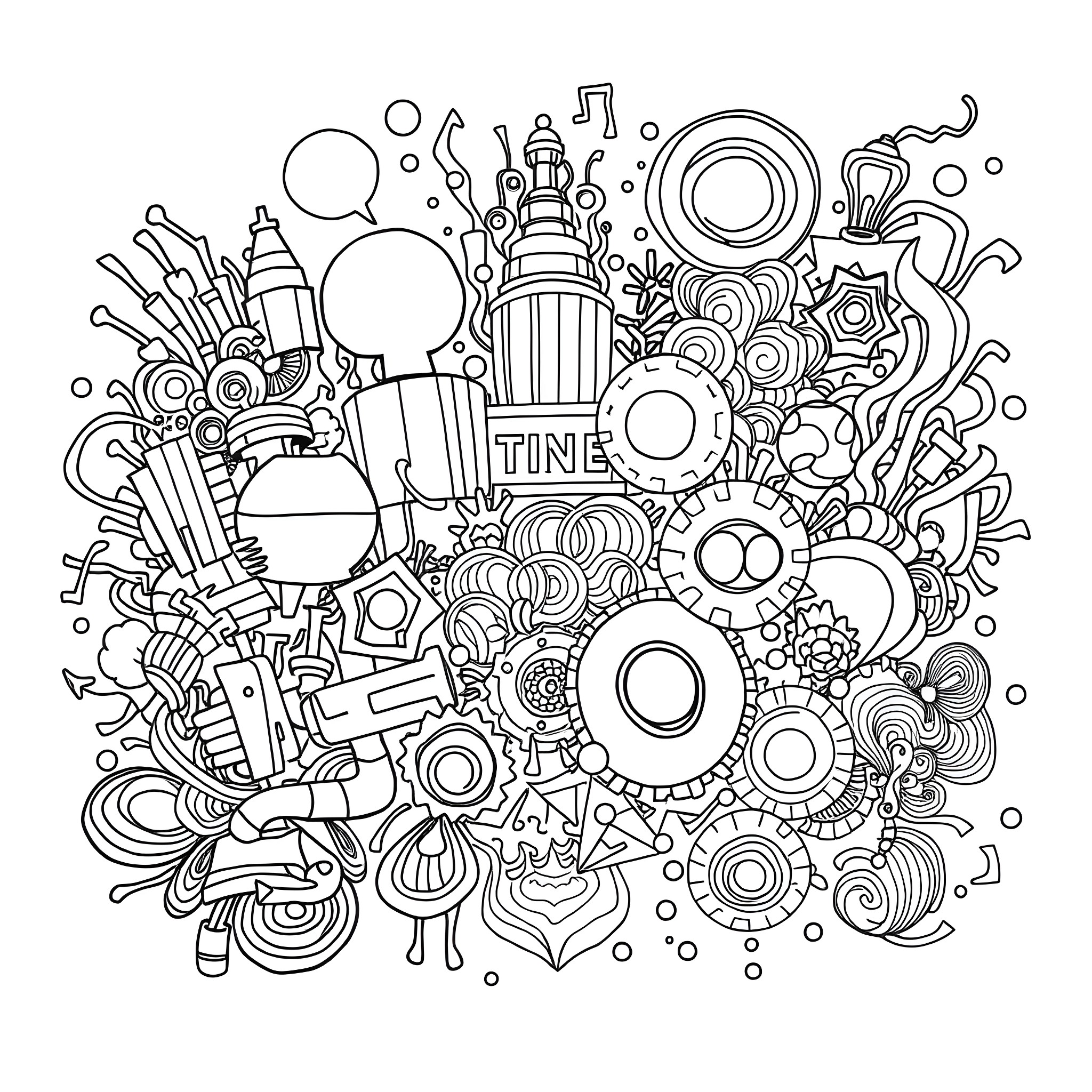 Graffiti Explosion of Abstract Shapes and Symbols Coloring Page (free black-and-white line drawing printable PDF for all, from beginners to advanced learners, including children, teens, adults, and seniors)