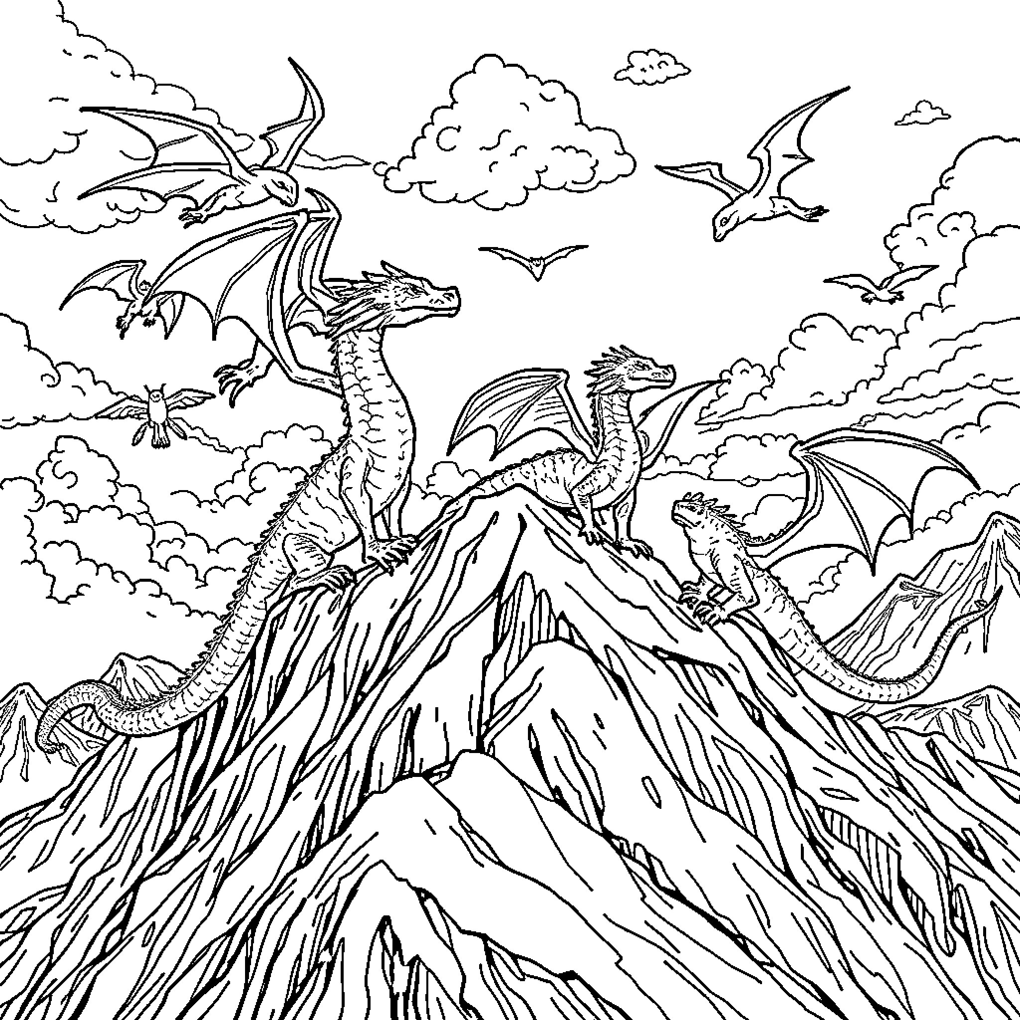 Dragon Soaring Over Majestic Mountain Peaks Coloring Page (free black-and-white line drawing printable PDF for all, from beginners to advanced learners, including children, teens, adults, and seniors)