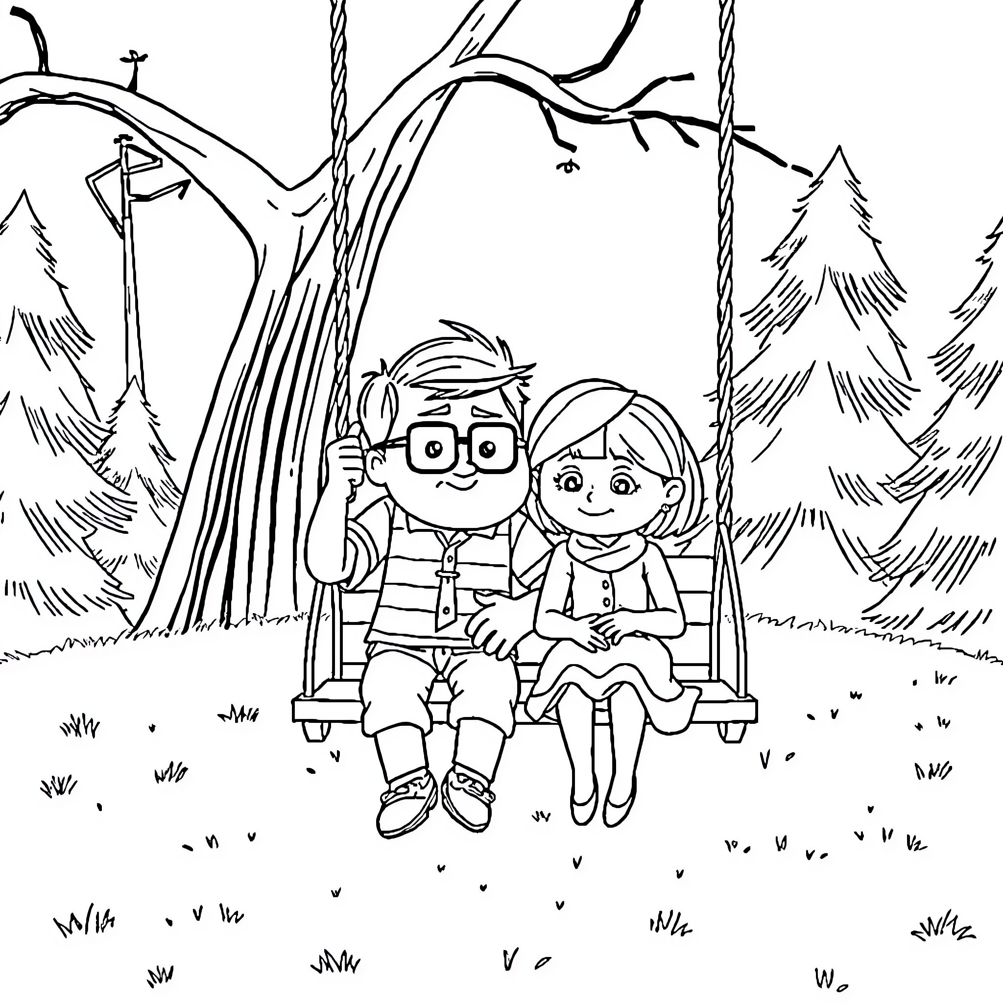 Carl and Ellie relaxing on a swing in the forest Coloring Page (free black-and-white line drawing printable PDF for all, from beginners to advanced learners, including children, teens, adults, and seniors)