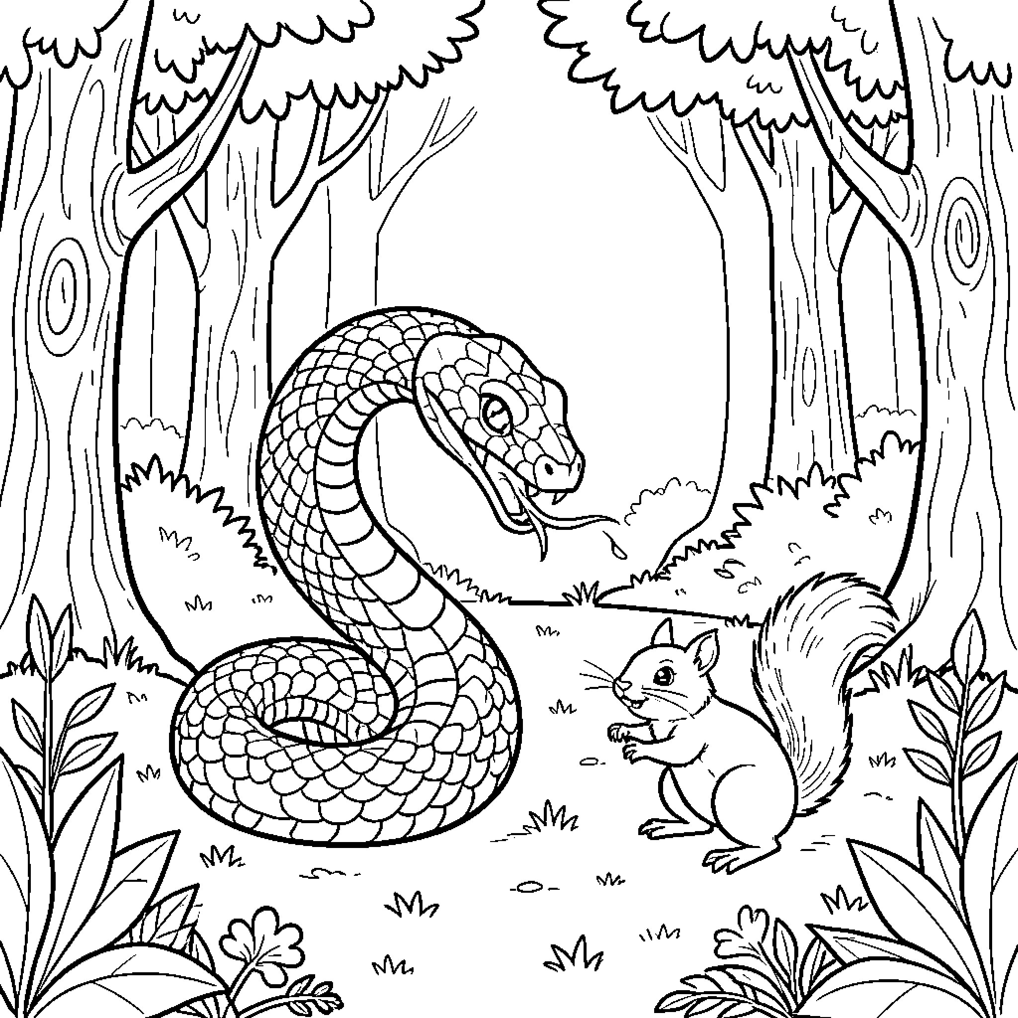 Snake coiling near curious squirrel in forest scene Coloring Page (free black-and-white line drawing printable PDF for all, from beginners to advanced learners, including children, teens, adults, and seniors)