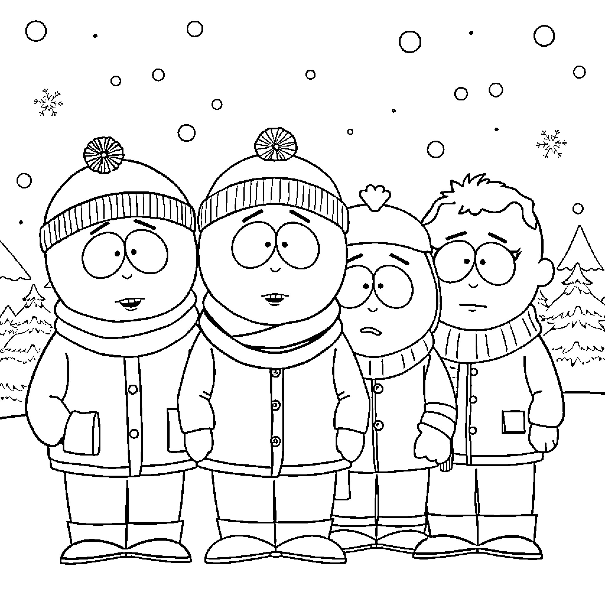 South Park Characters in Winter Outfits Coloring Page (free black-and-white line drawing printable PDF for all, from beginners to advanced learners, including children, teens, adults, and seniors)