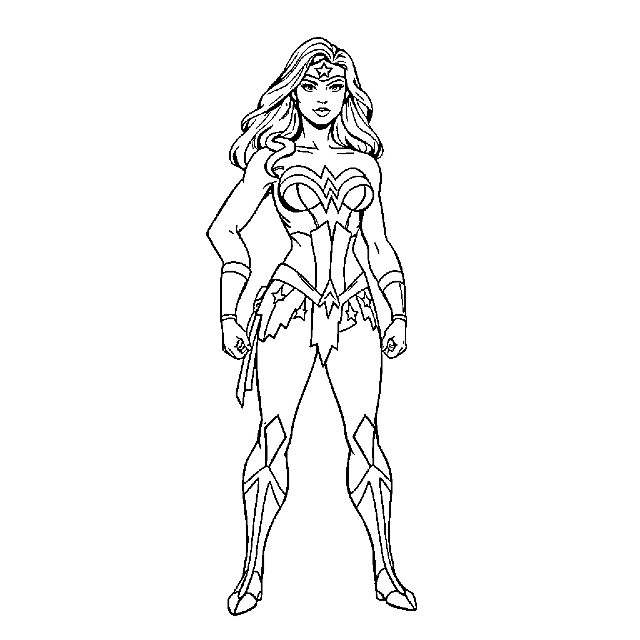 Wonder Woman in powerful superhero stance Coloring Page (free black-and-white line drawing printable PDF for all, from beginners to advanced learners, including children, teens, adults, and seniors)