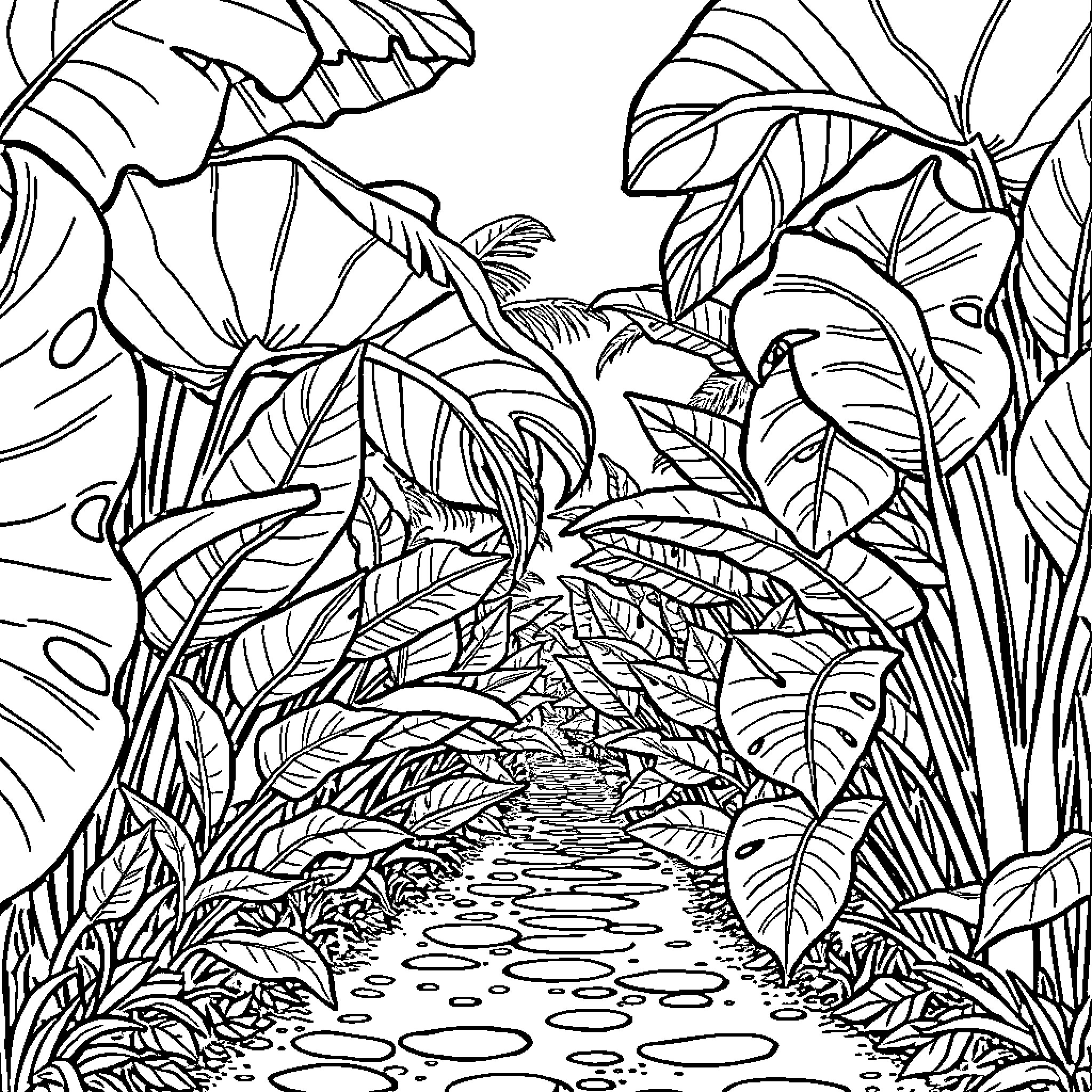 Monstera Jungle Path Exploration Coloring Page (free black-and-white line drawing printable PDF for all, from beginners to advanced learners, including children, teens, adults, and seniors)