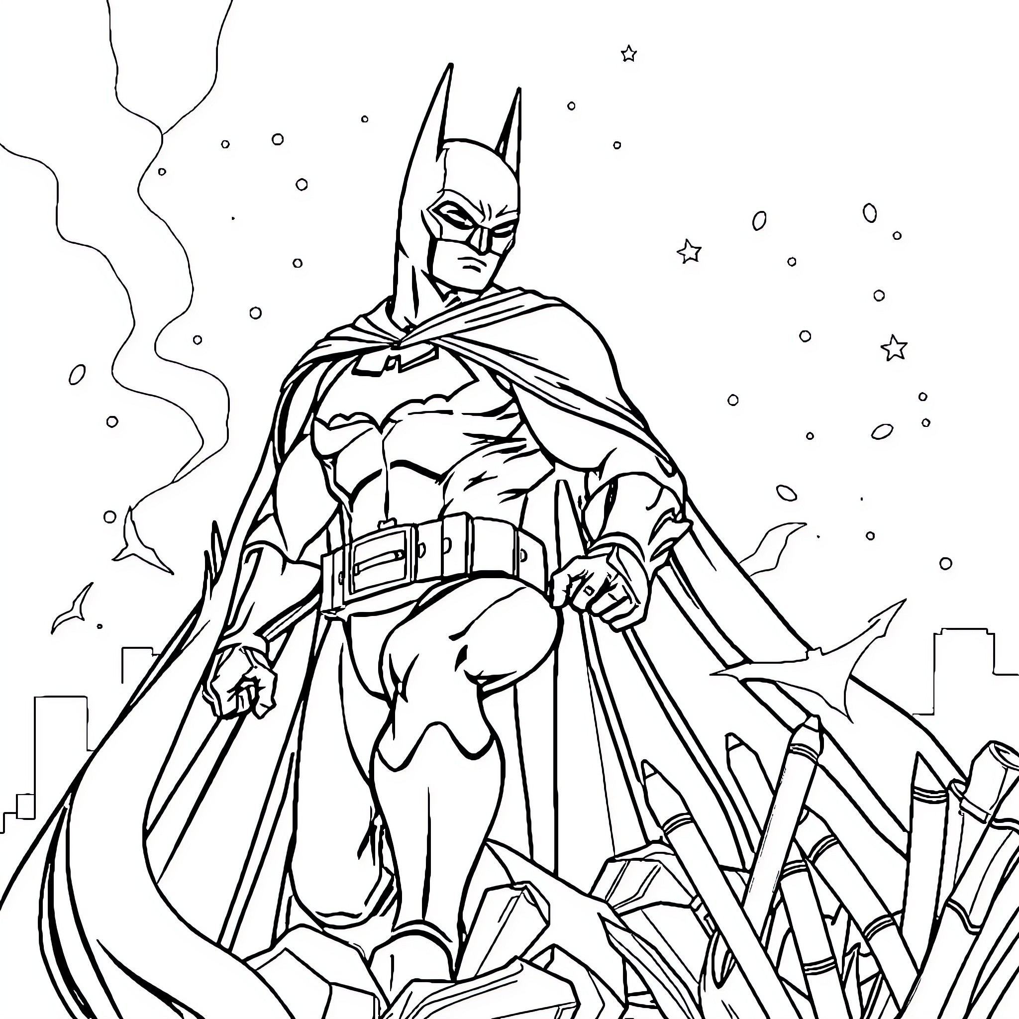 Batman standing tall in the night city Coloring Page (free black-and-white line drawing printable PDF for all, from beginners to advanced learners, including children, teens, adults, and seniors)