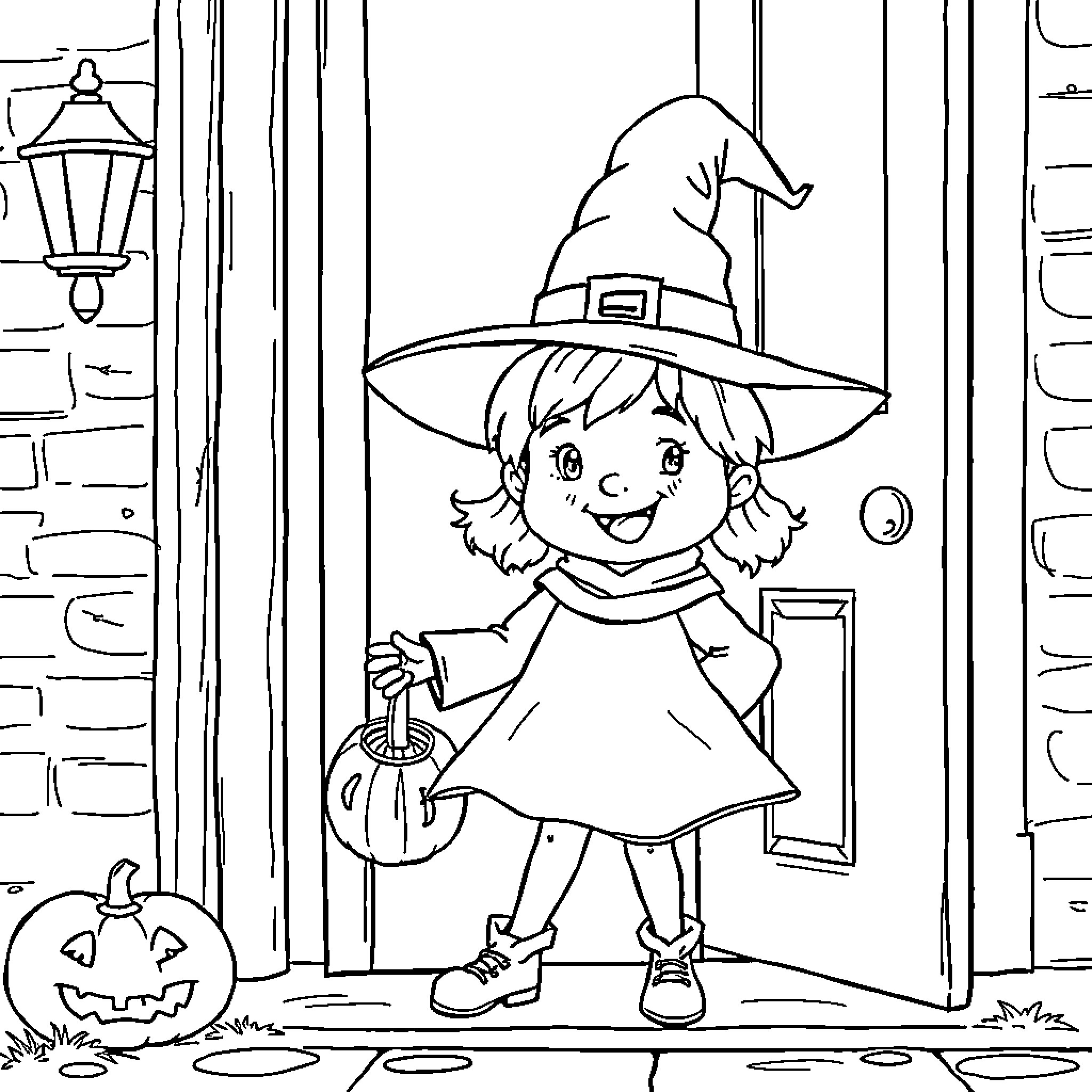 Child in witch costume holding a potion bottle Coloring Page (free black-and-white line drawing printable PDF for all, from beginners to advanced learners, including children, teens, adults, and seniors)