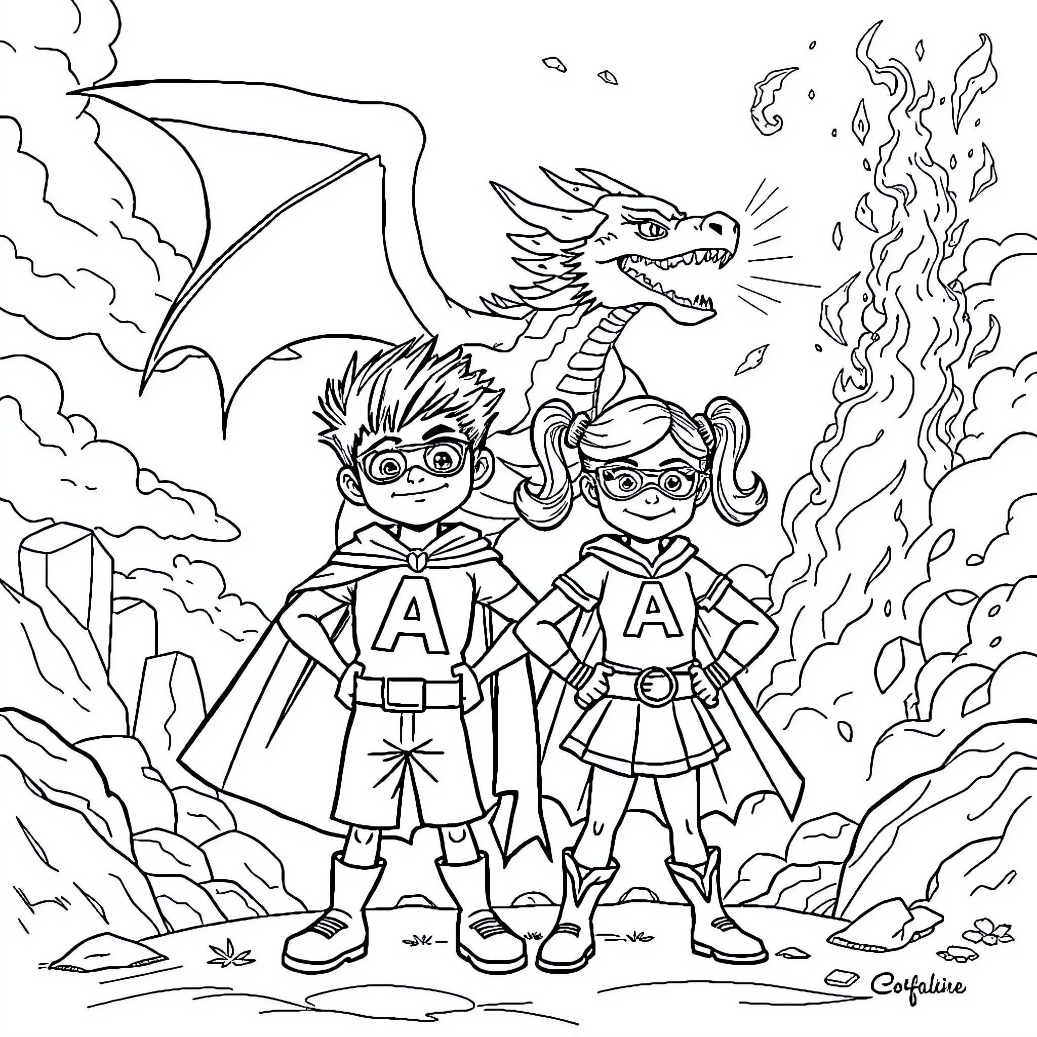 Superhero Kids Battling a Fierce Dragon Coloring Page (free black-and-white line drawing printable PDF for all, from beginners to advanced learners, including children, teens, adults, and seniors)
