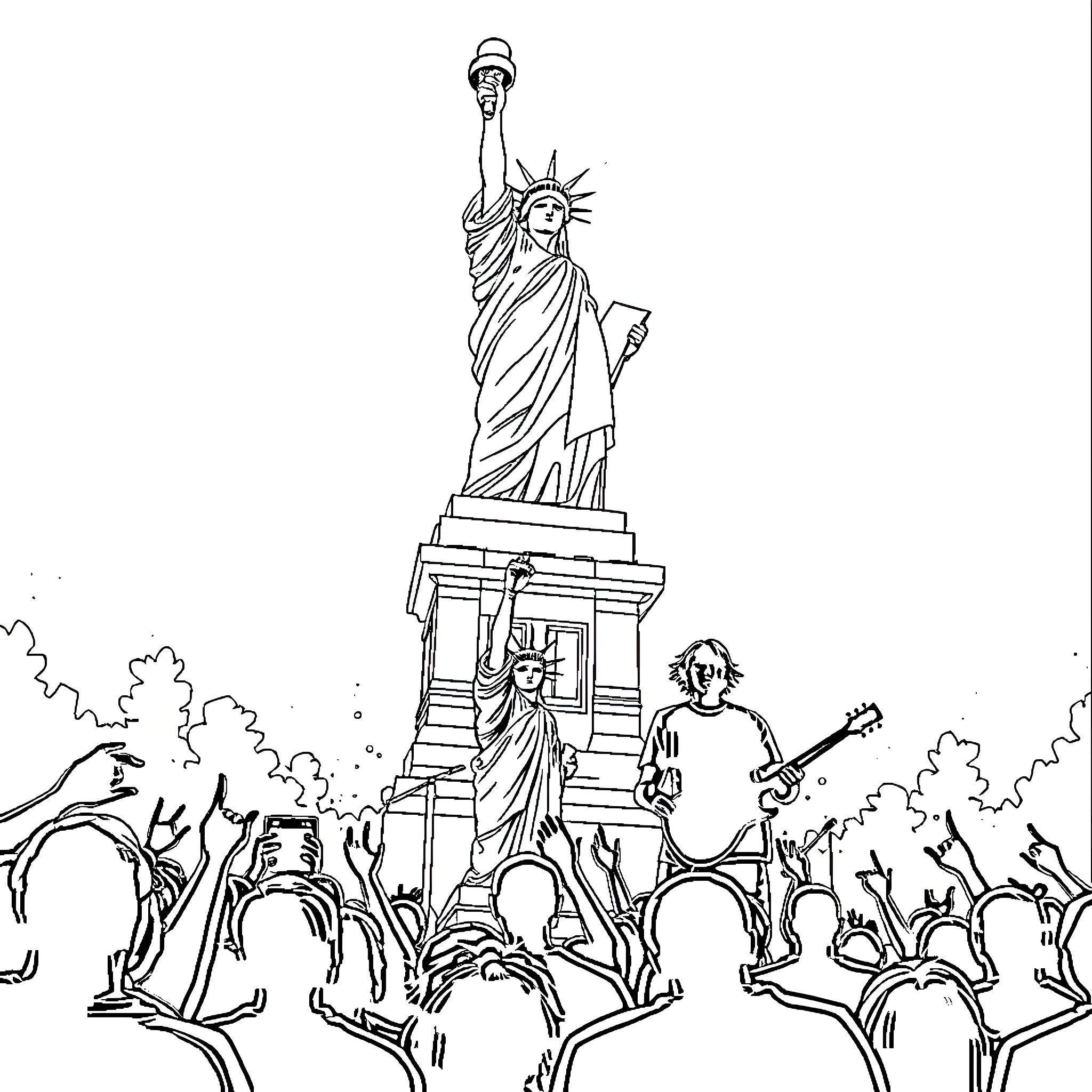 Blink 182 Performing Before the Statue of Liberty Coloring Page (free black-and-white line drawing printable PDF for all, from beginners to advanced learners, including children, teens, adults, and seniors)