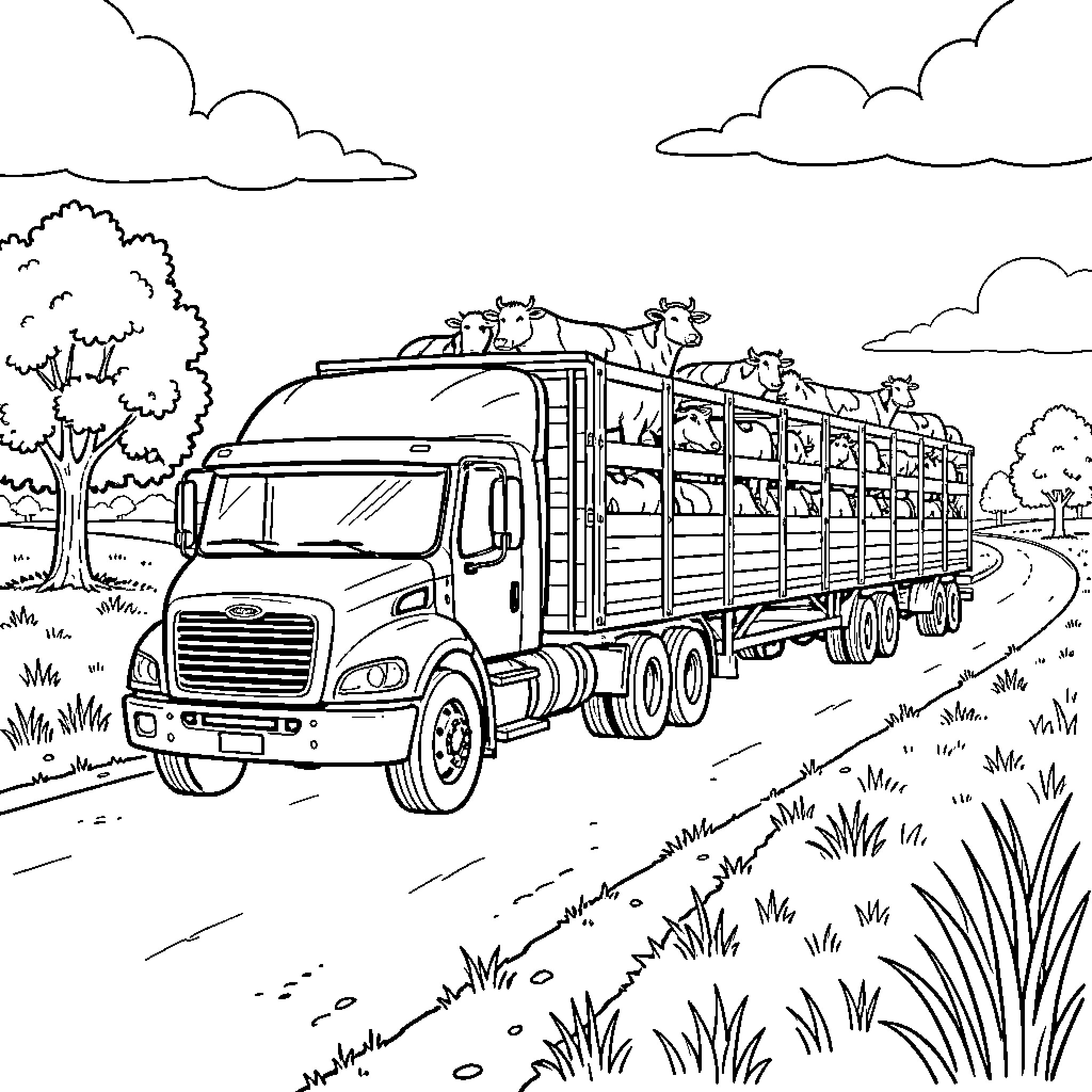 Truck transporting cows along a rural road Coloring Page (free black-and-white line drawing printable PDF for all, from beginners to advanced learners, including children, teens, adults, and seniors)