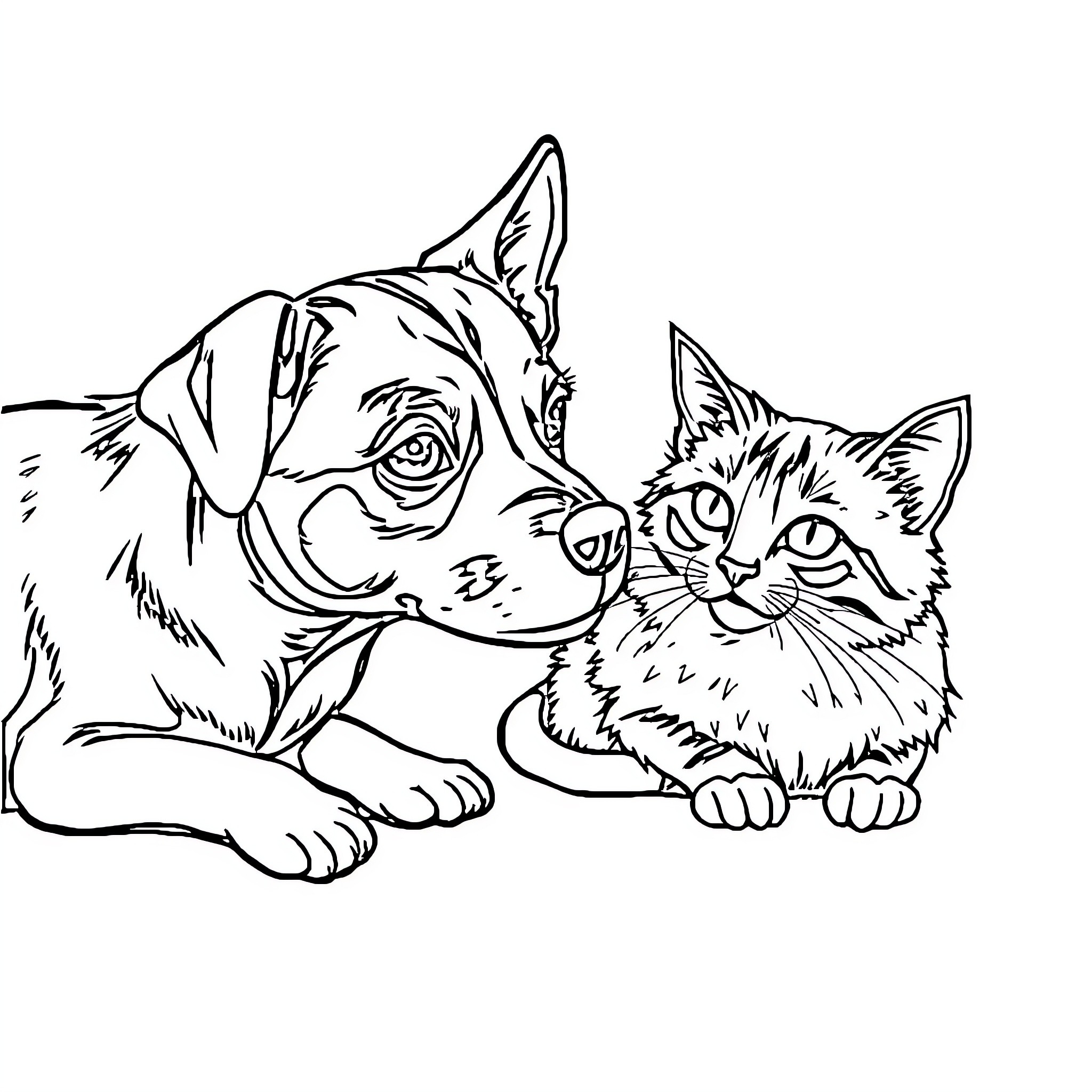 Dog and cat enjoying each other's company Coloring Page (free black-and-white line drawing printable PDF for all, from beginners to advanced learners, including children, teens, adults, and seniors)