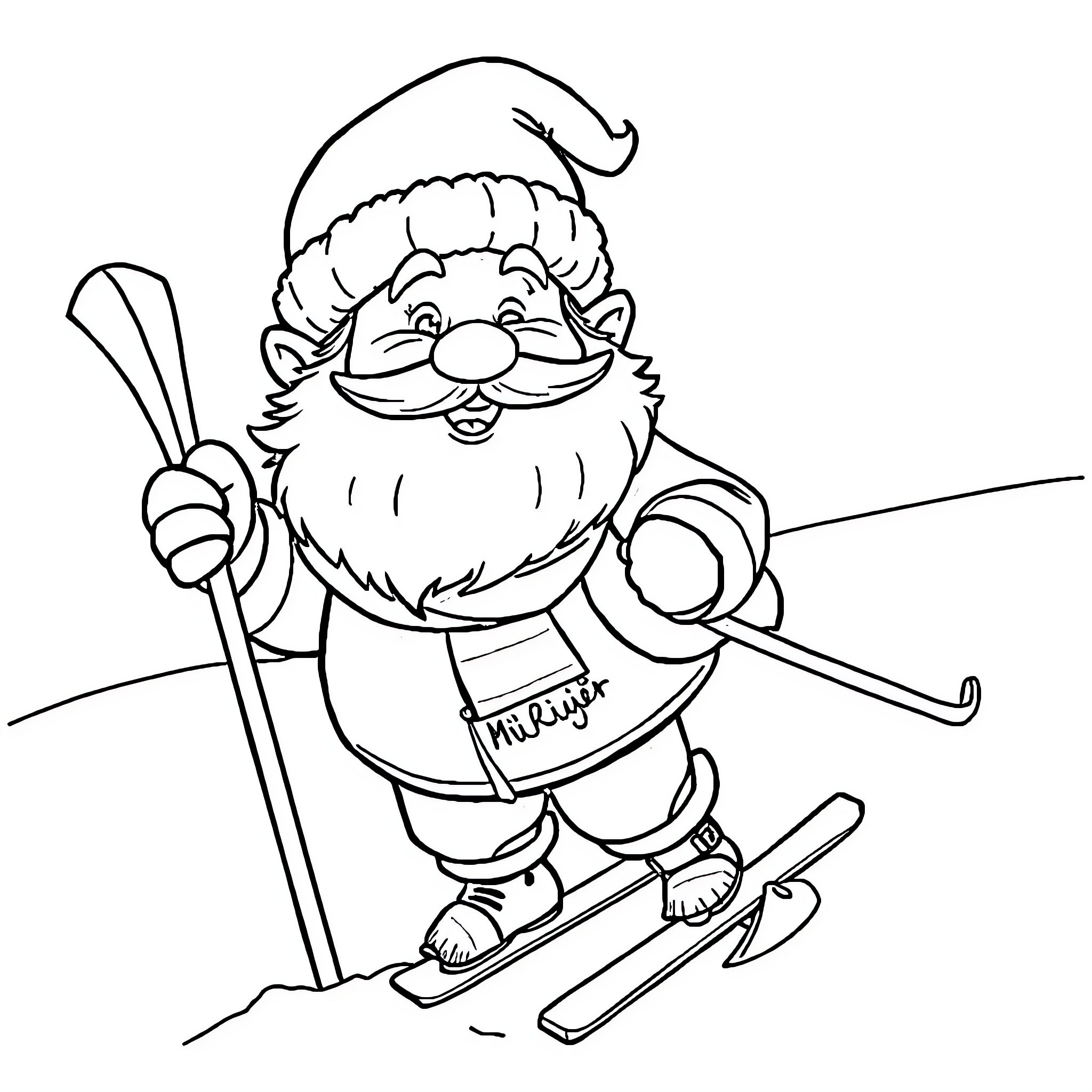 Old Man Skiing with a Merry Expression Coloring Page (free black-and-white line drawing printable PDF for all, from beginners to advanced learners, including children, teens, adults, and seniors)