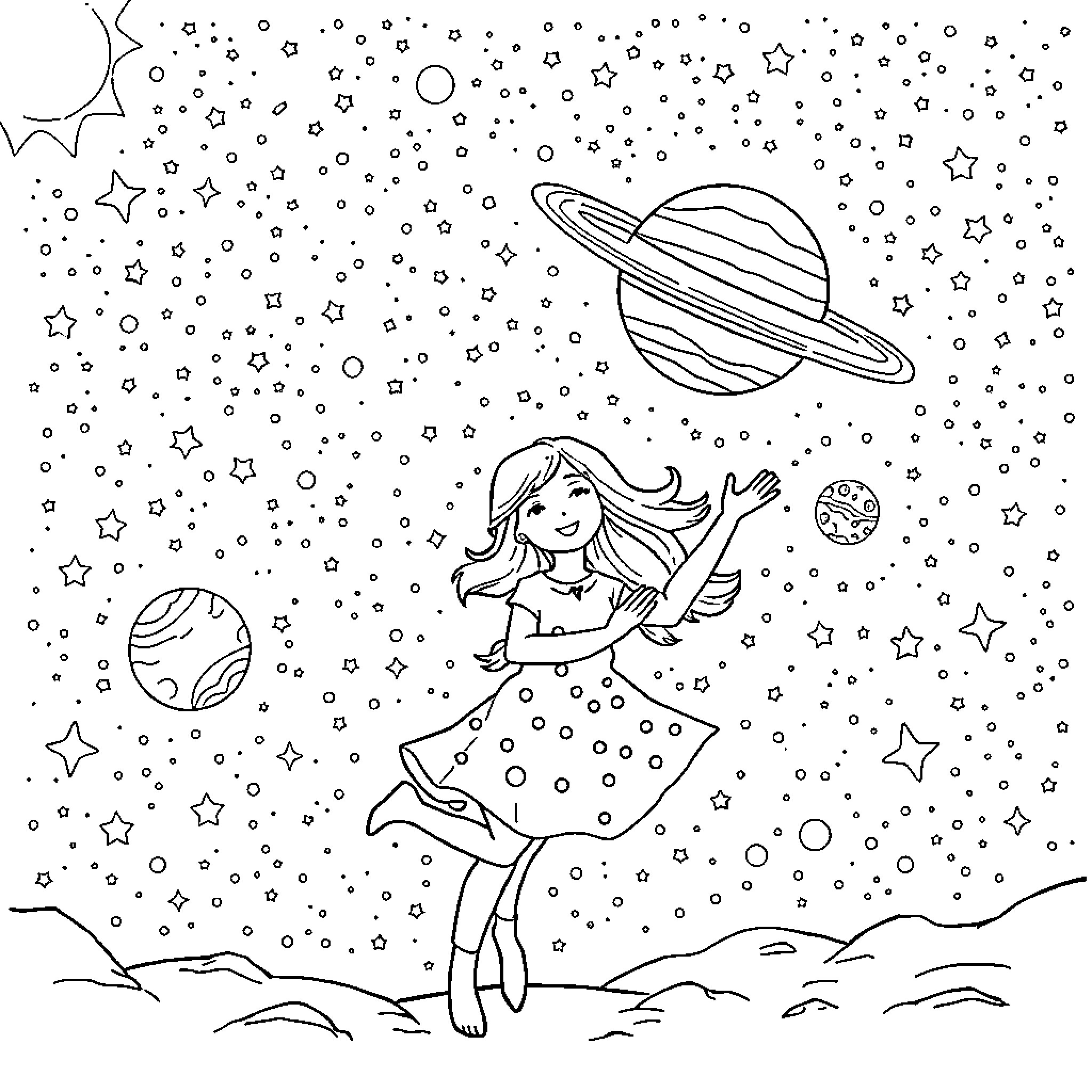 Parent and child exploring the cosmic wonders Coloring Page (free black-and-white line drawing printable PDF for all, from beginners to advanced learners, including children, teens, adults, and seniors)