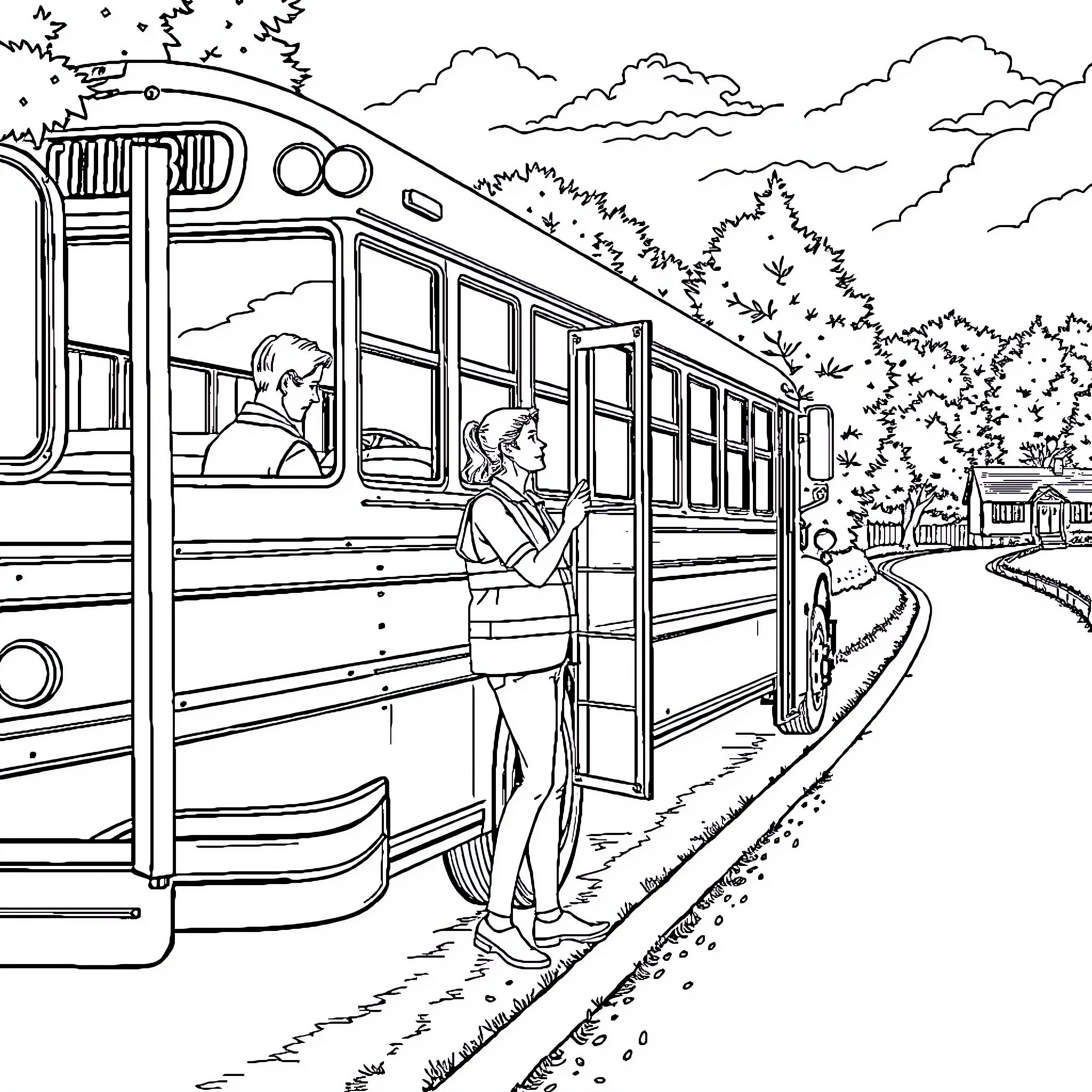 Woman waiting for the school bus on a country road Coloring Page (free black-and-white line drawing printable PDF for all, from beginners to advanced learners, including children, teens, adults, and seniors)
