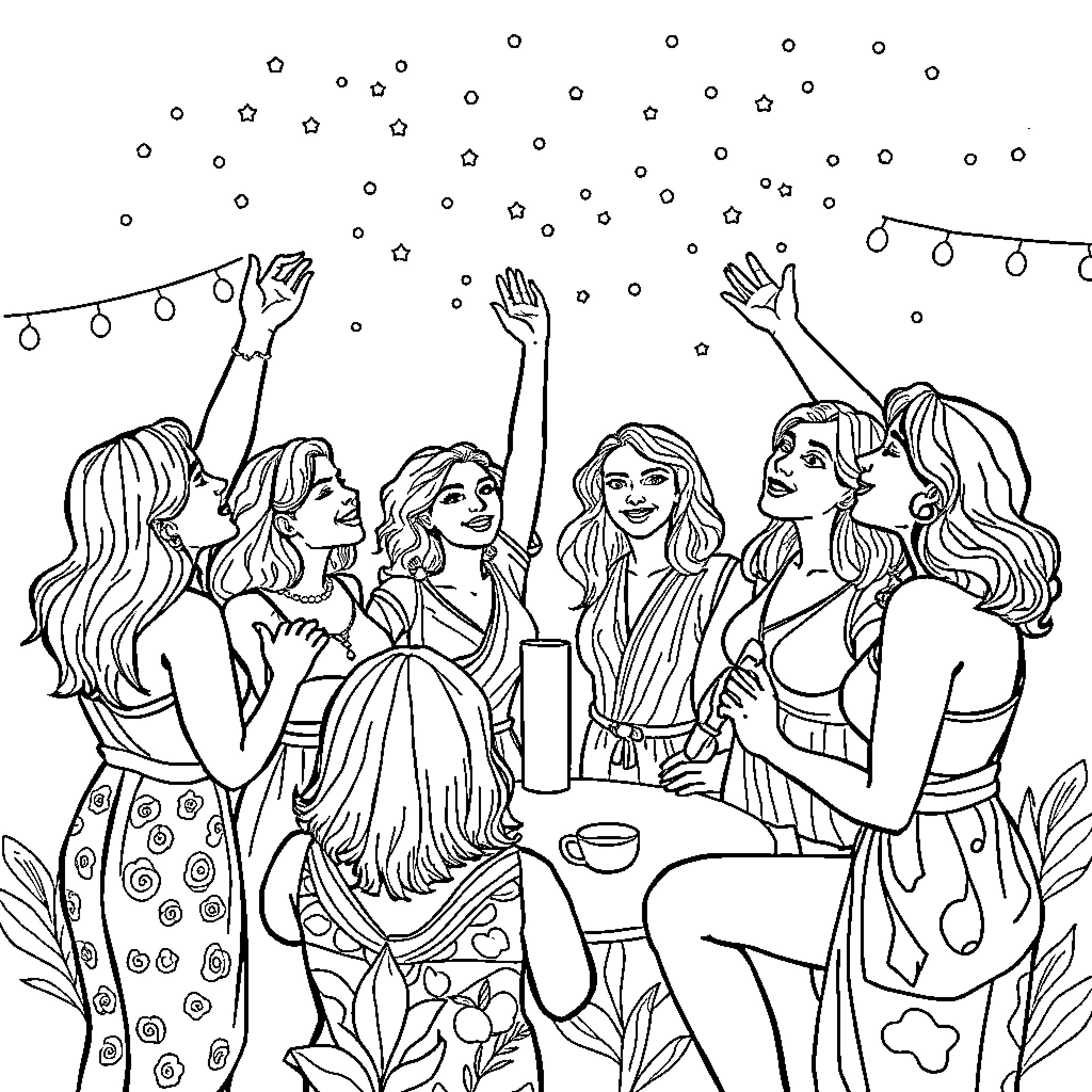 Women celebrating together at a party Coloring Page (free black-and-white line drawing printable PDF for all, from beginners to advanced learners, including children, teens, adults, and seniors)