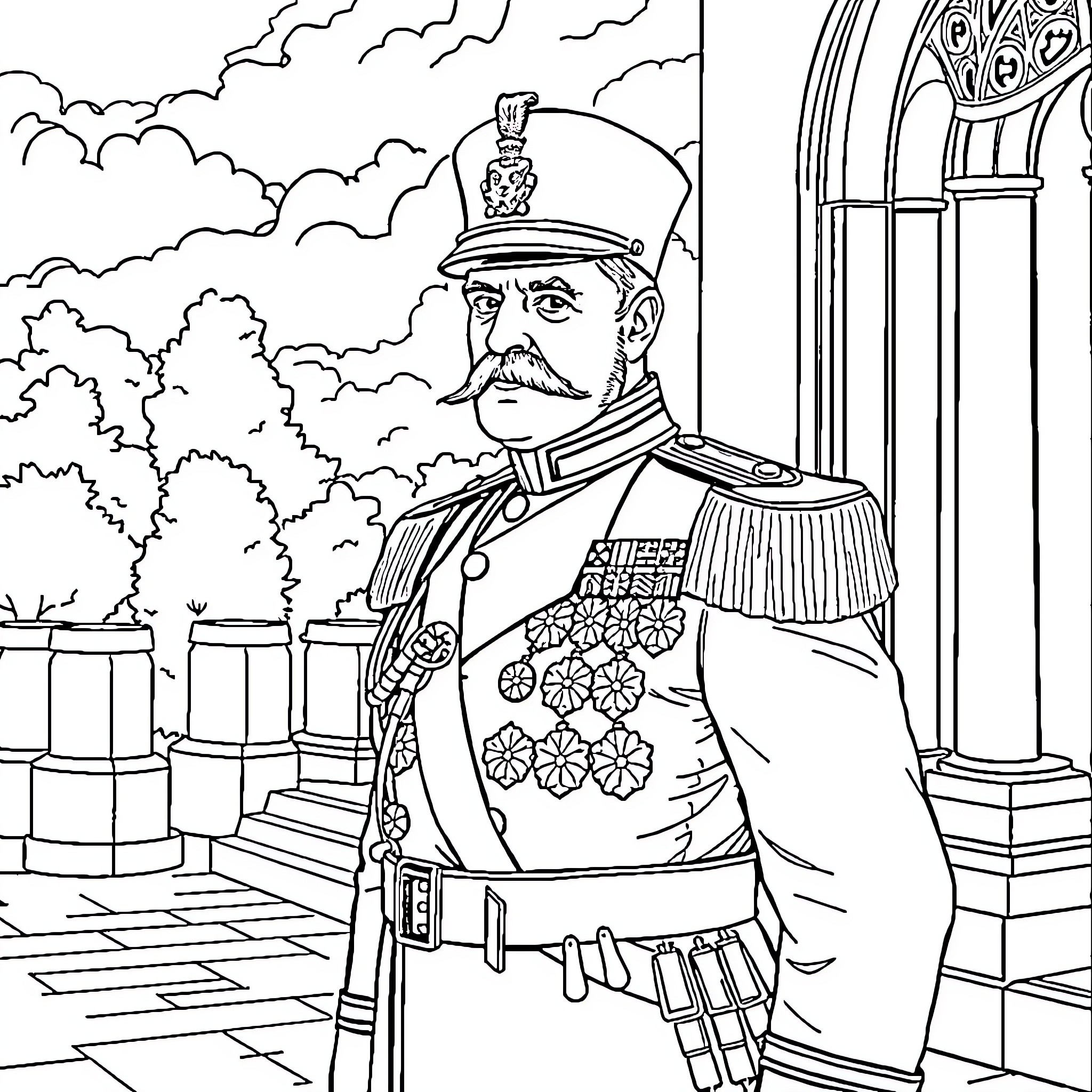 Kaiser Wilhelm in Formal Military Attire Coloring Page (free black-and-white line drawing printable PDF for all, from beginners to advanced learners, including children, teens, adults, and seniors)