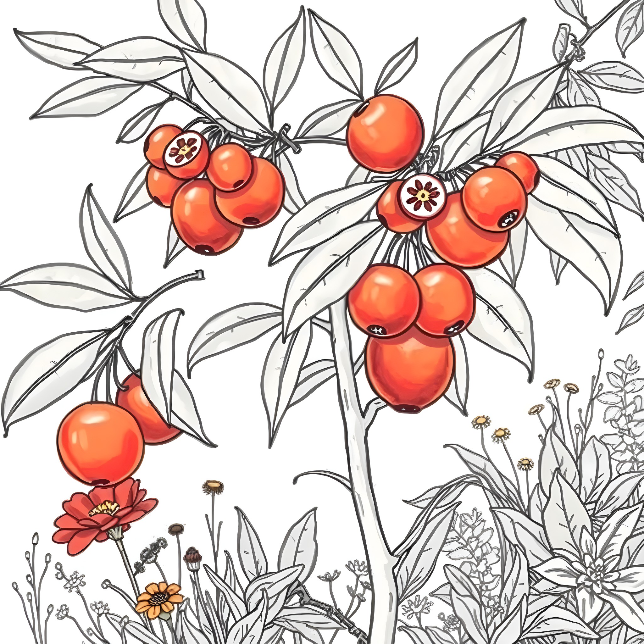 Fruit-bearing tree with vibrant flowers and foliage Coloring Page (free black-and-white line drawing printable PDF for all, from beginners to advanced learners, including children, teens, adults, and seniors)