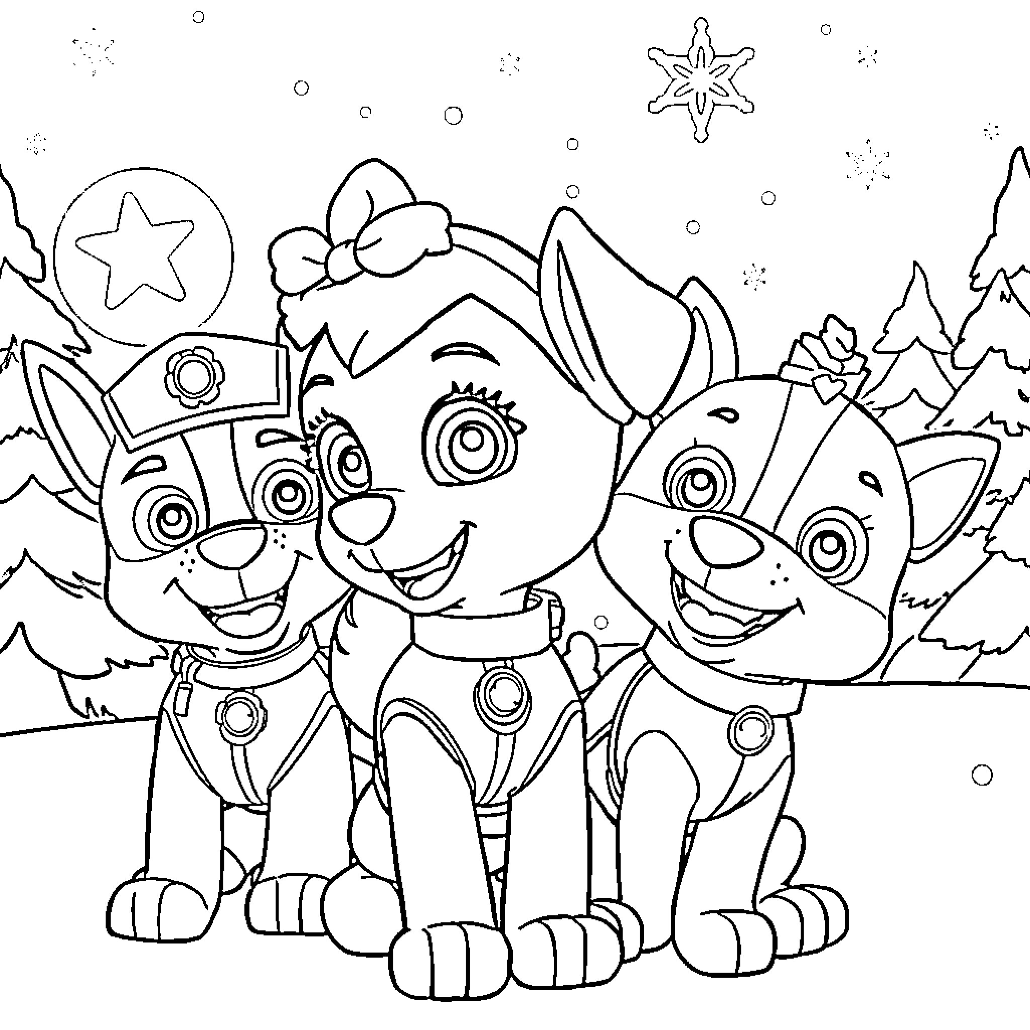 Stella and friends explore the winter wonderland Coloring Page (free black-and-white line drawing printable PDF for all, from beginners to advanced learners, including children, teens, adults, and seniors)