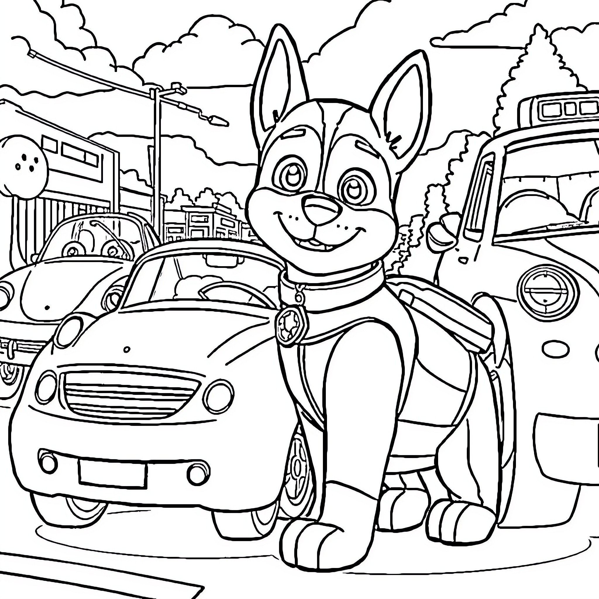 Car with Friendly Puppy in Busy Street Scene Coloring Page (free black-and-white line drawing printable PDF for all, from beginners to advanced learners, including children, teens, adults, and seniors)
