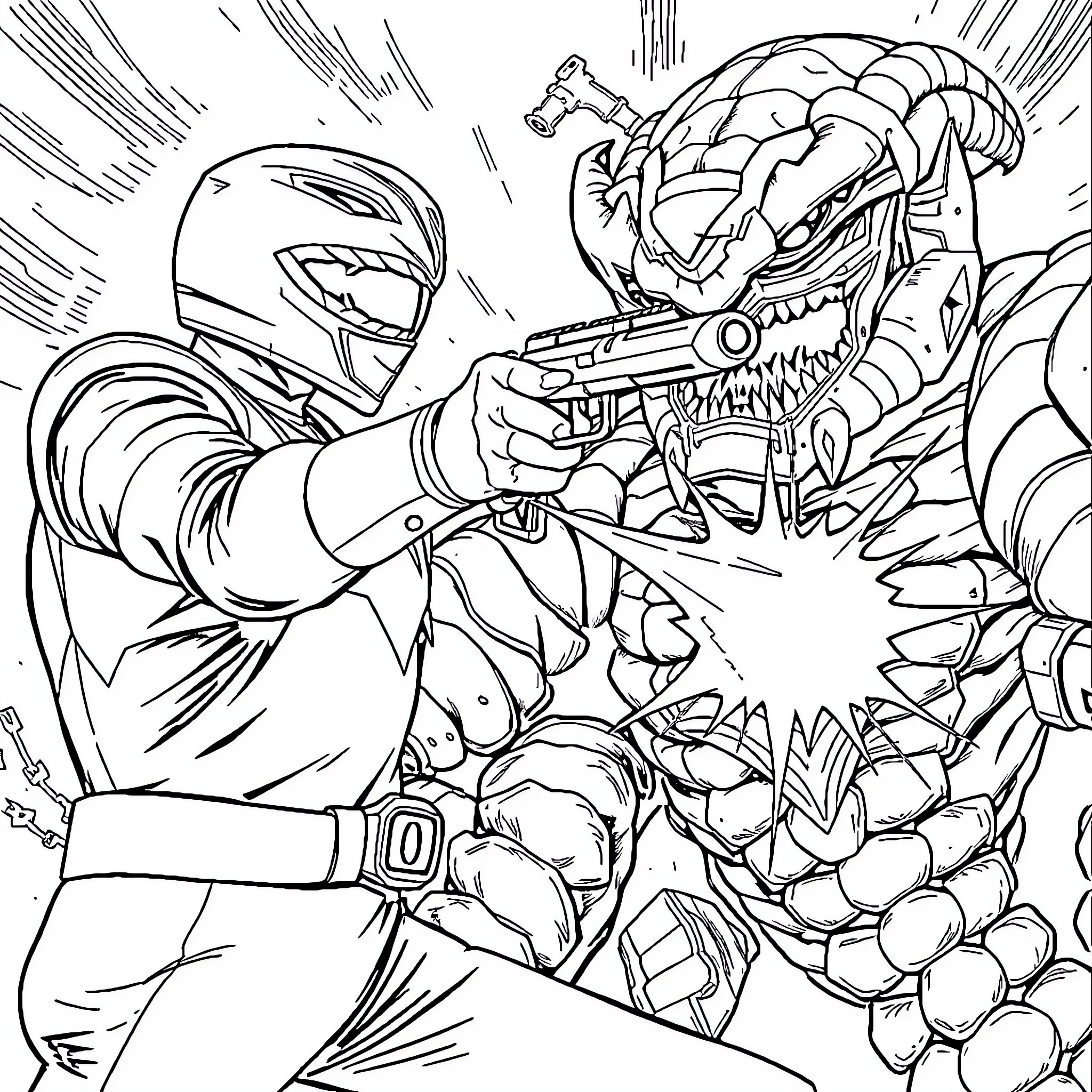 Green Ranger Battles Formidable Foe in Intense Confrontation Coloring Page (free black-and-white line drawing printable PDF for all, from beginners to advanced learners, including children, teens, adults, and seniors)