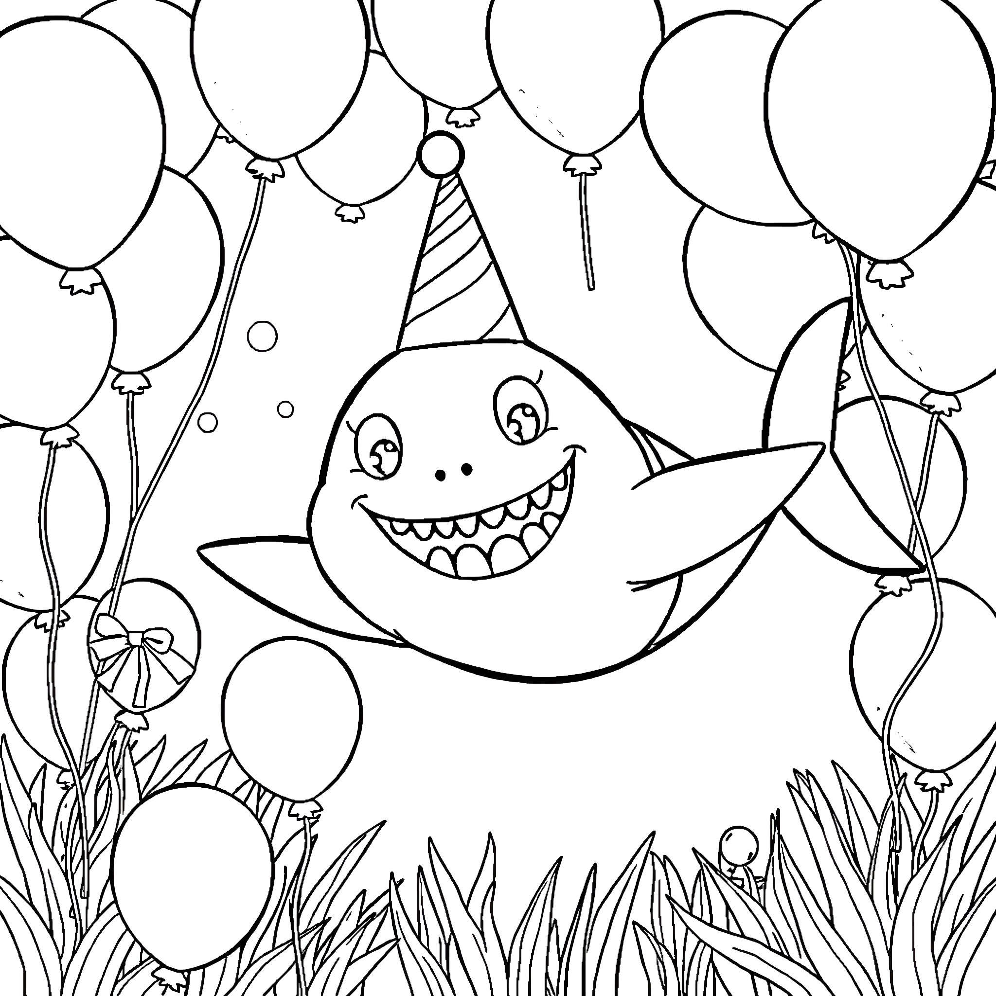 Shark celebrating with balloons and party hat Coloring Page (free black-and-white line drawing printable PDF for all, from beginners to advanced learners, including children, teens, adults, and seniors)