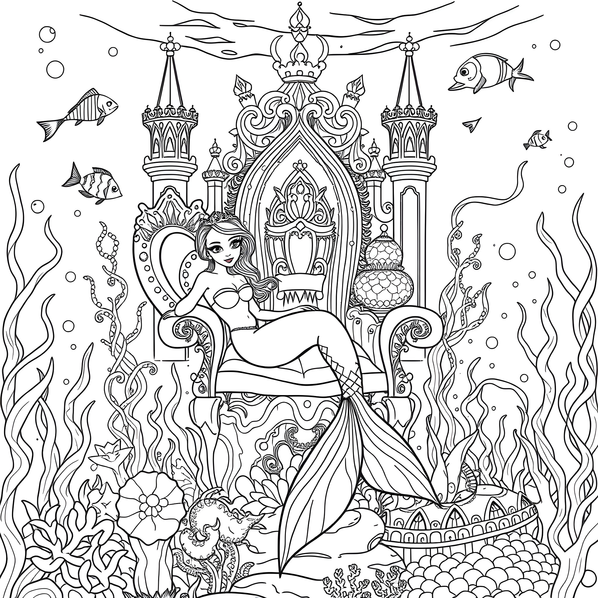Mermaid in a fantastical underwater palace Coloring Page (free black-and-white line drawing printable PDF for all, from beginners to advanced learners, including children, teens, adults, and seniors)