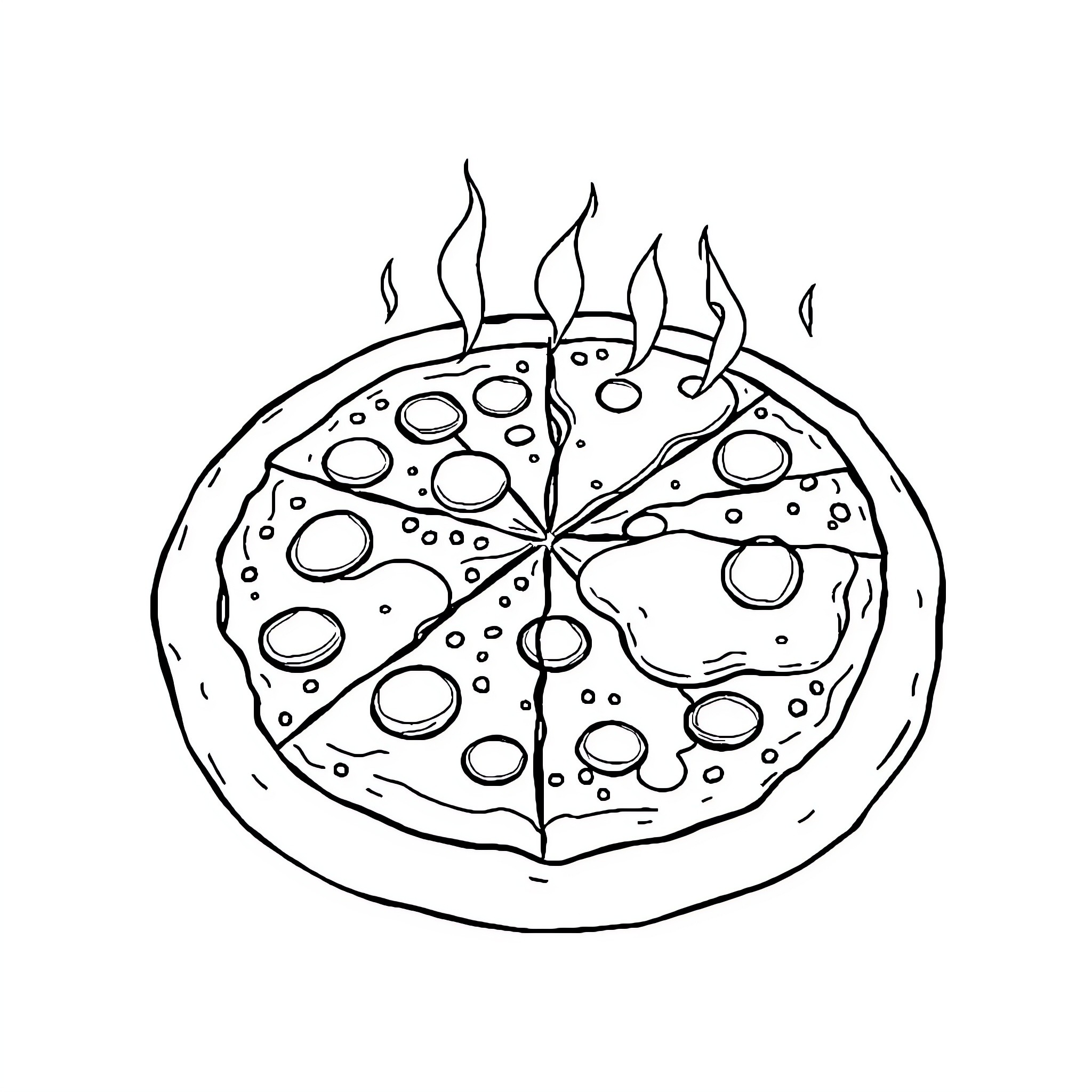 Pizza with melted cheese and burning candles Coloring Page (free black-and-white line drawing printable PDF for all, from beginners to advanced learners, including children, teens, adults, and seniors)