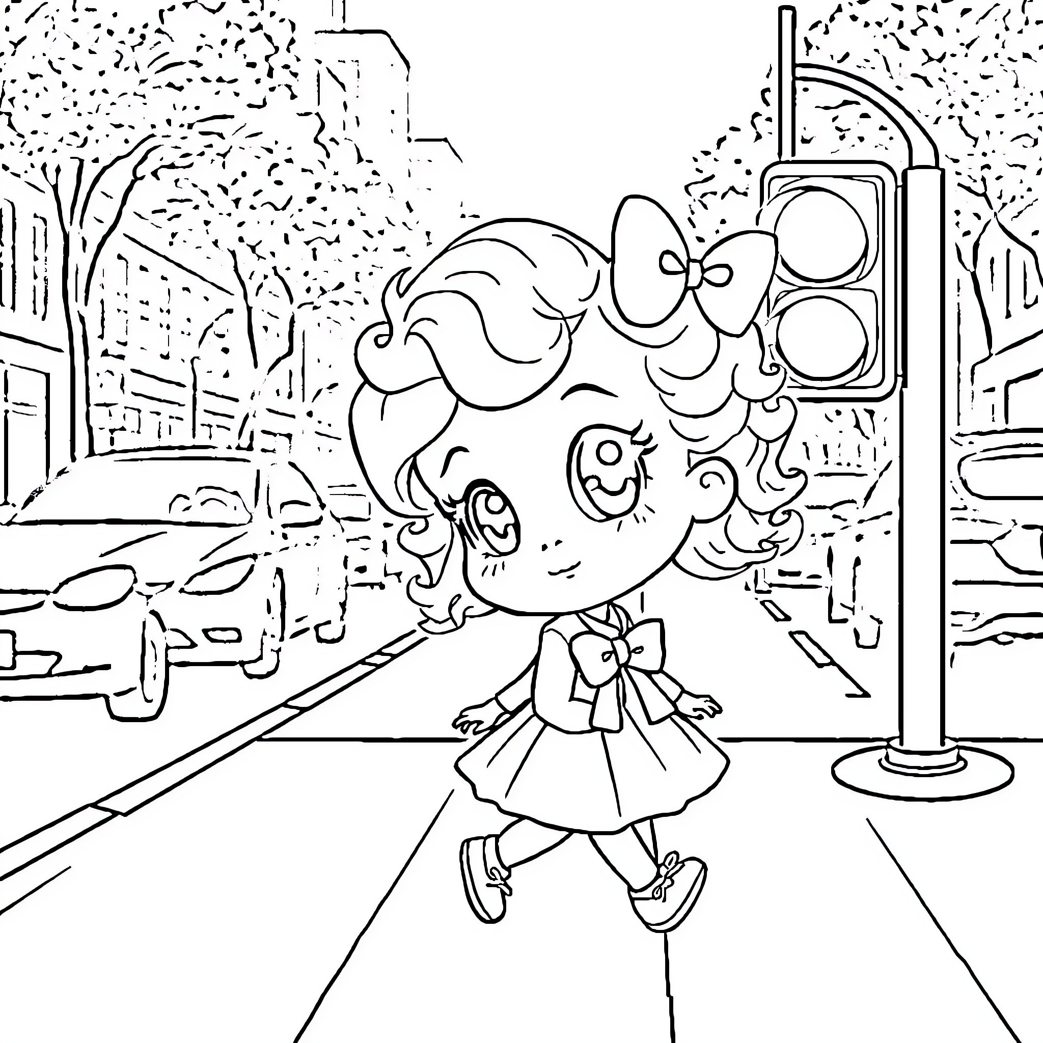Girl walking happily down the street Coloring Page (free black-and-white line drawing printable PDF for all, from beginners to advanced learners, including children, teens, adults, and seniors)