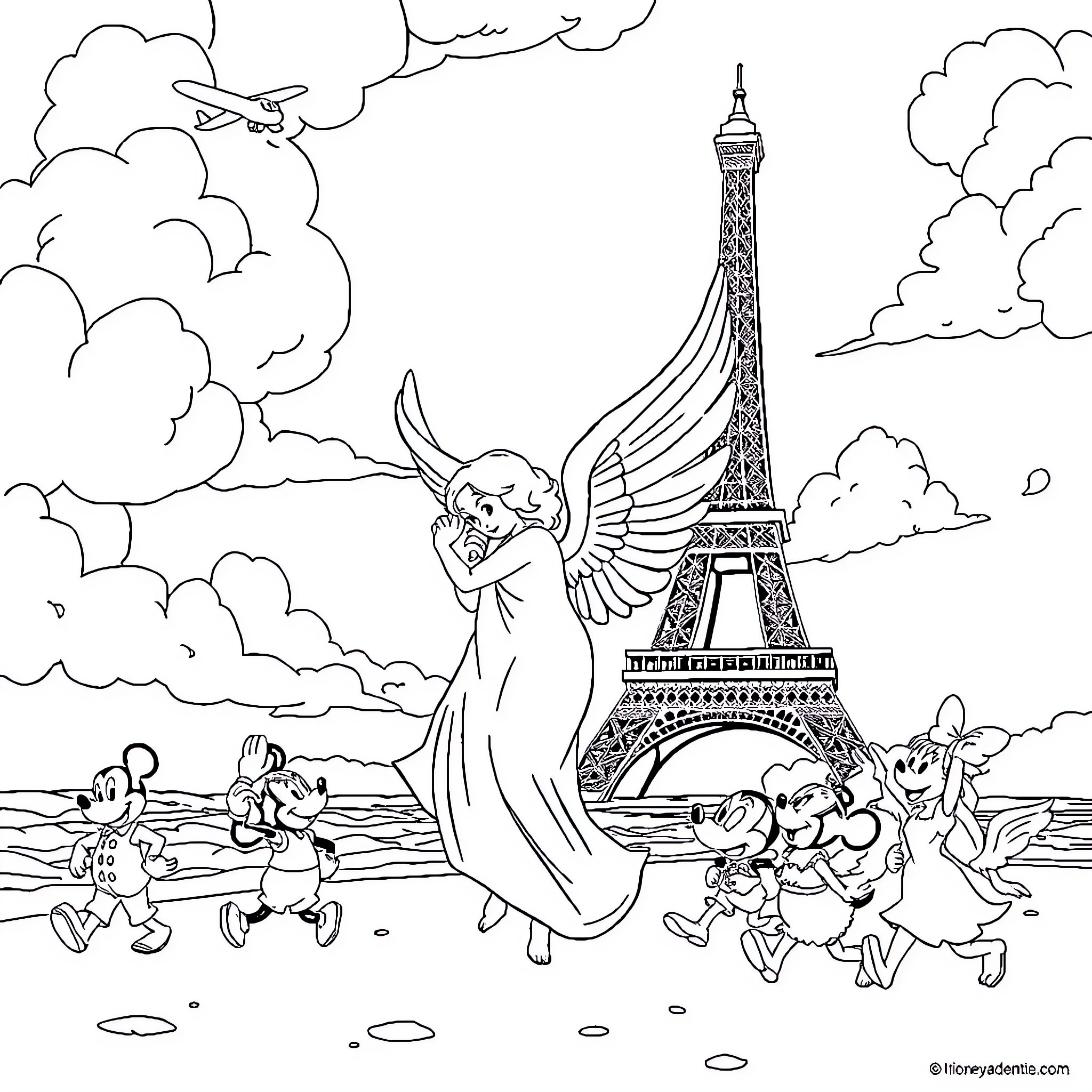 Angel Protecting Children in Whimsical Paris Scene Coloring Page (free black-and-white line drawing printable PDF for all, from beginners to advanced learners, including children, teens, adults, and seniors)