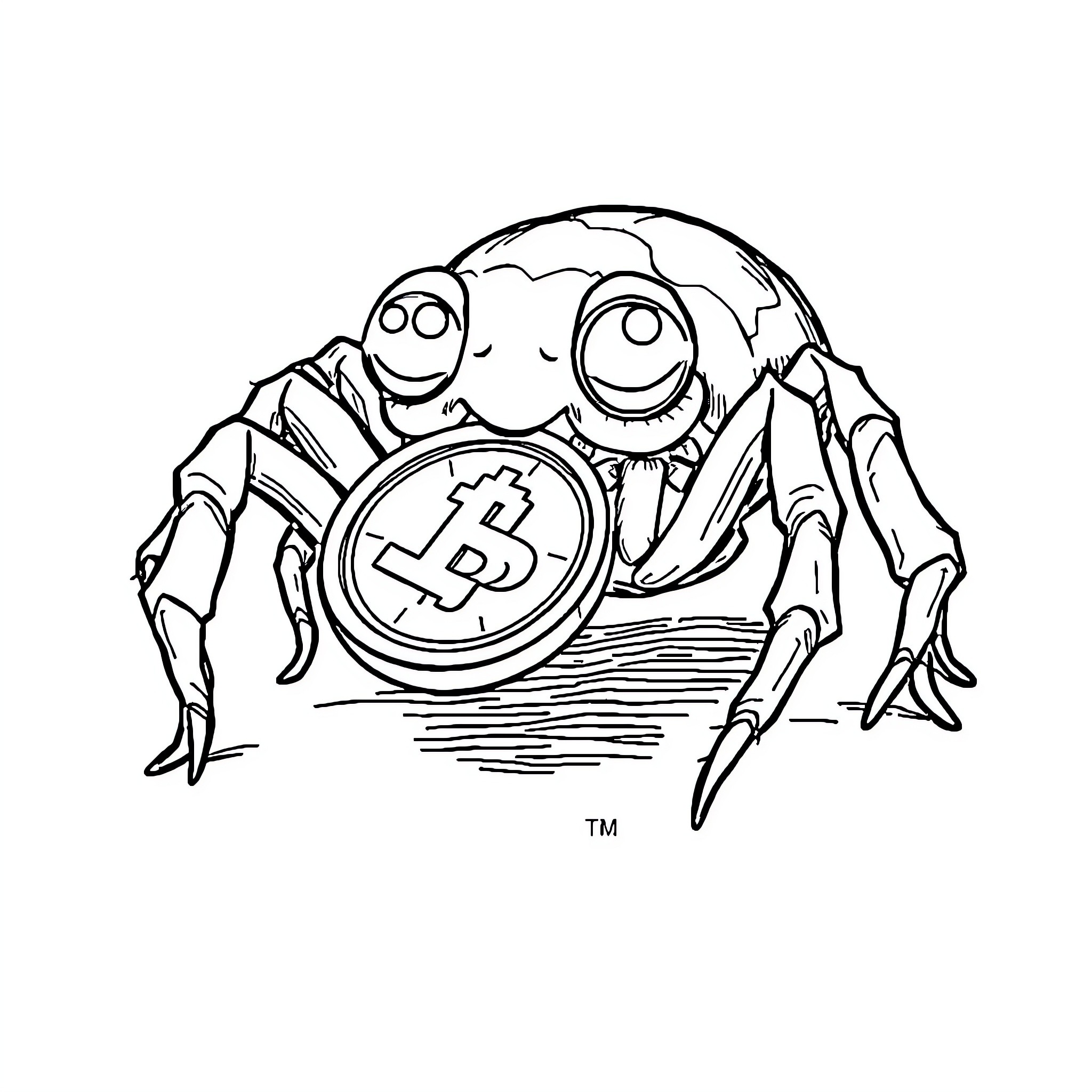 Spider Mining Bitcoin Cryptocurrency Coloring Page (free black-and-white line drawing printable PDF for all, from beginners to advanced learners, including children, teens, adults, and seniors)