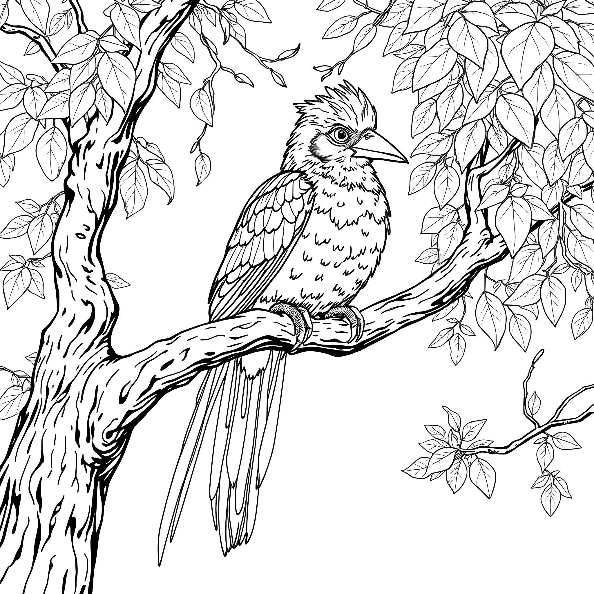Passerina bird perched on a tree branch Coloring Page (free black-and-white line drawing printable PDF for all, from beginners to advanced learners, including children, teens, adults, and seniors)