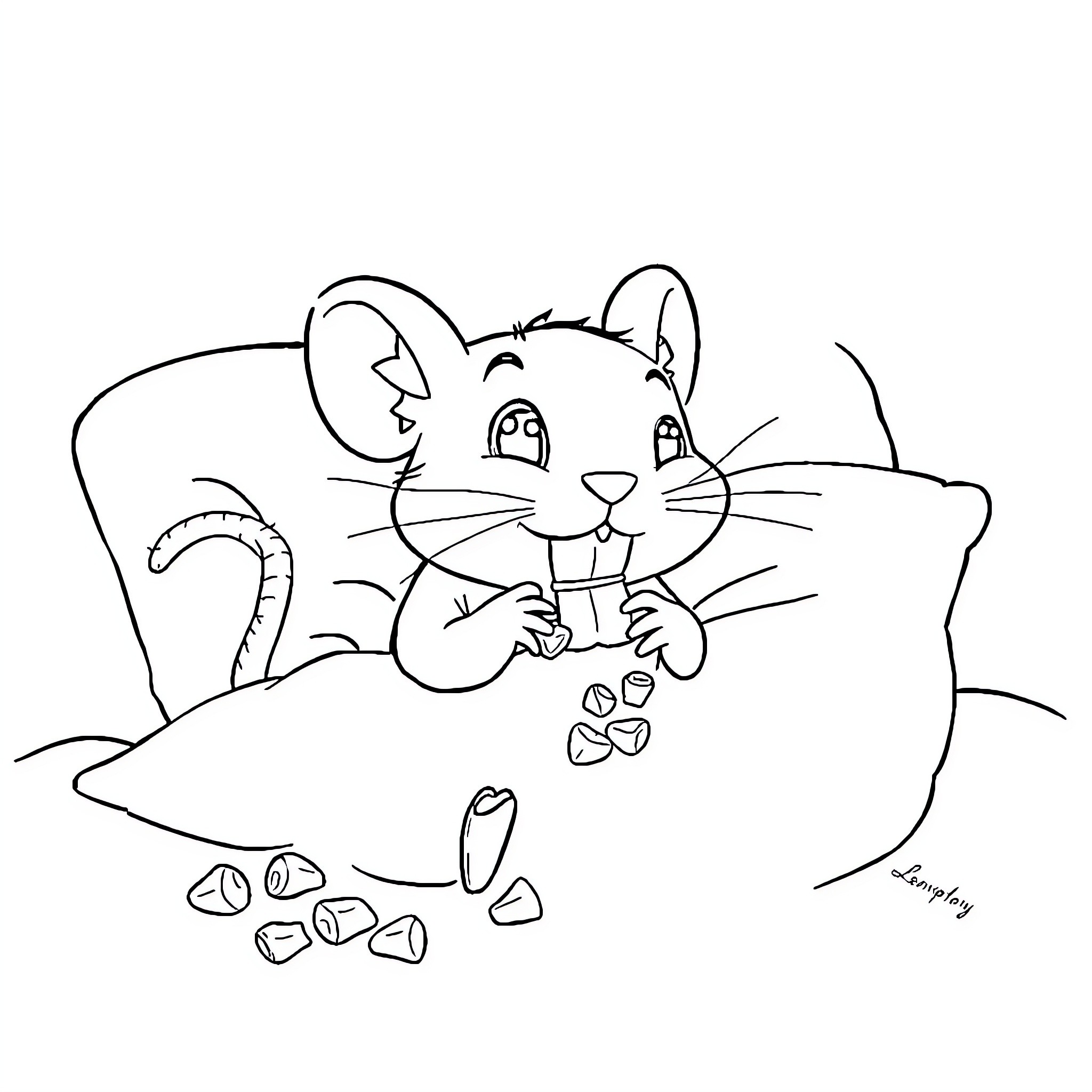 Tooth Mouse Collecting Tooth Pieces on the Bed Coloring Page (free black-and-white line drawing printable PDF for all, from beginners to advanced learners, including children, teens, adults, and seniors)