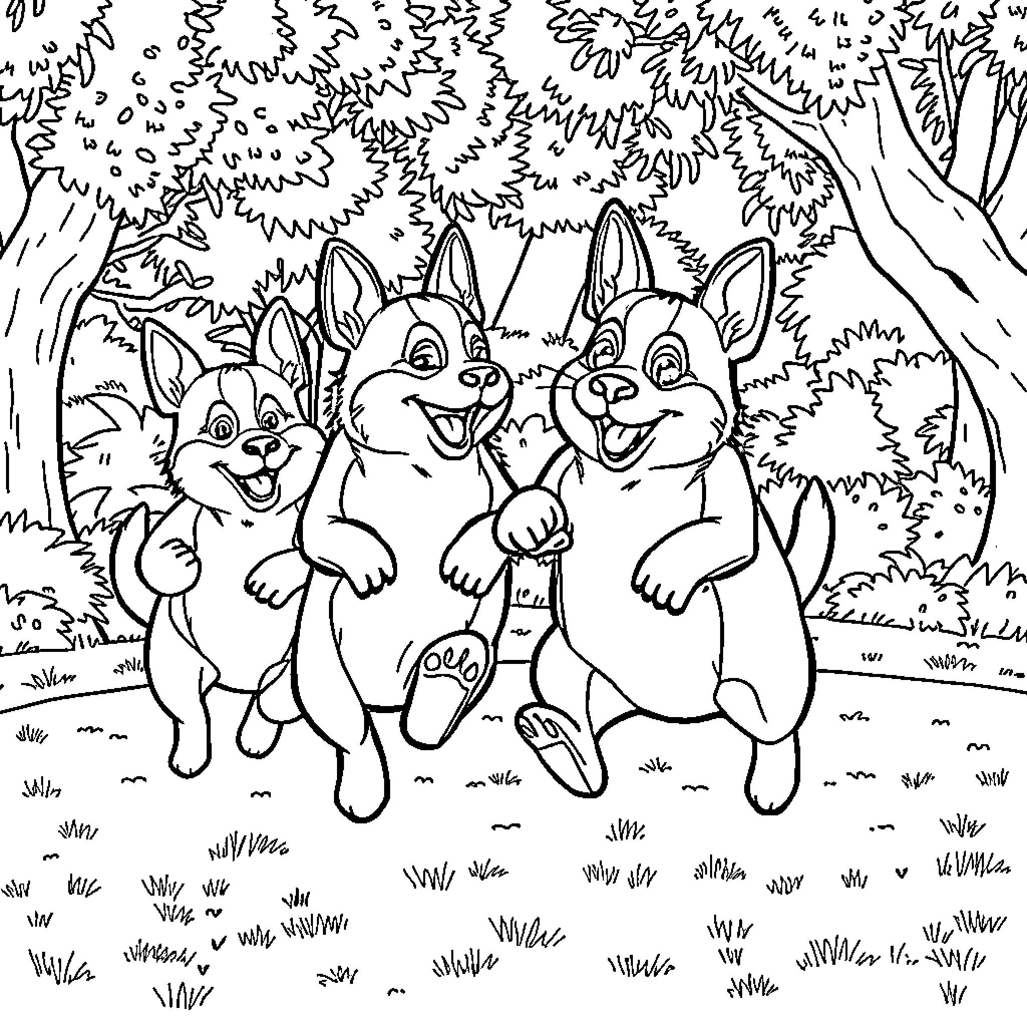 Puppy friends playing joyfully in the forest Coloring Page (free black-and-white line drawing printable PDF for all, from beginners to advanced learners, including children, teens, adults, and seniors)