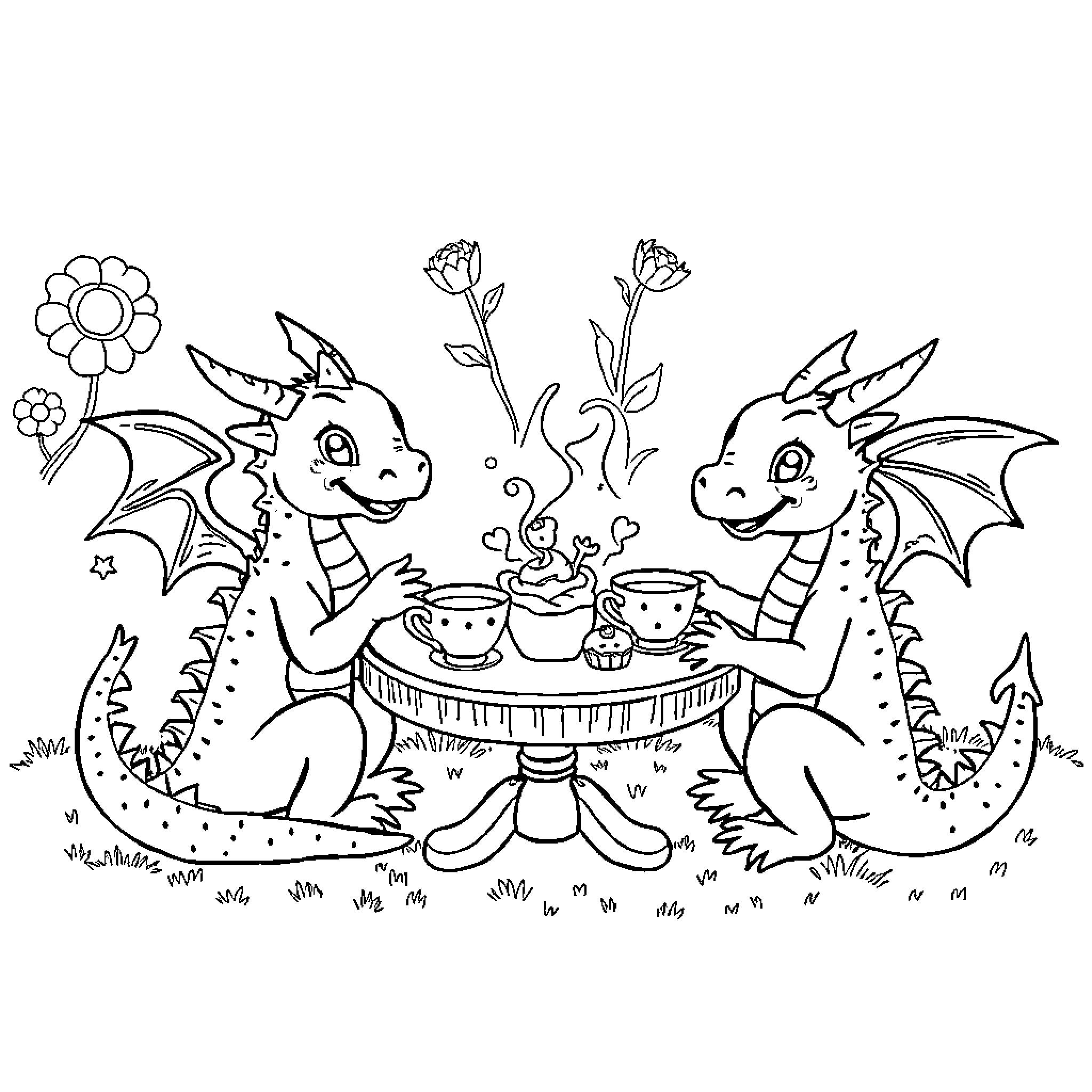 Dragon Friends Enjoying Tea Party in the Garden Coloring Page (free black-and-white line drawing printable PDF for all, from beginners to advanced learners, including children, teens, adults, and seniors)