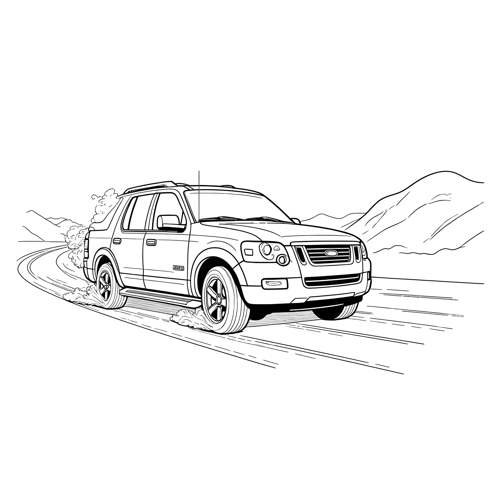 Ford Explorer off-road adventure in the mountains Coloring Page (free black-and-white line drawing printable PDF for all, from beginners to advanced learners, including children, teens, adults, and seniors)