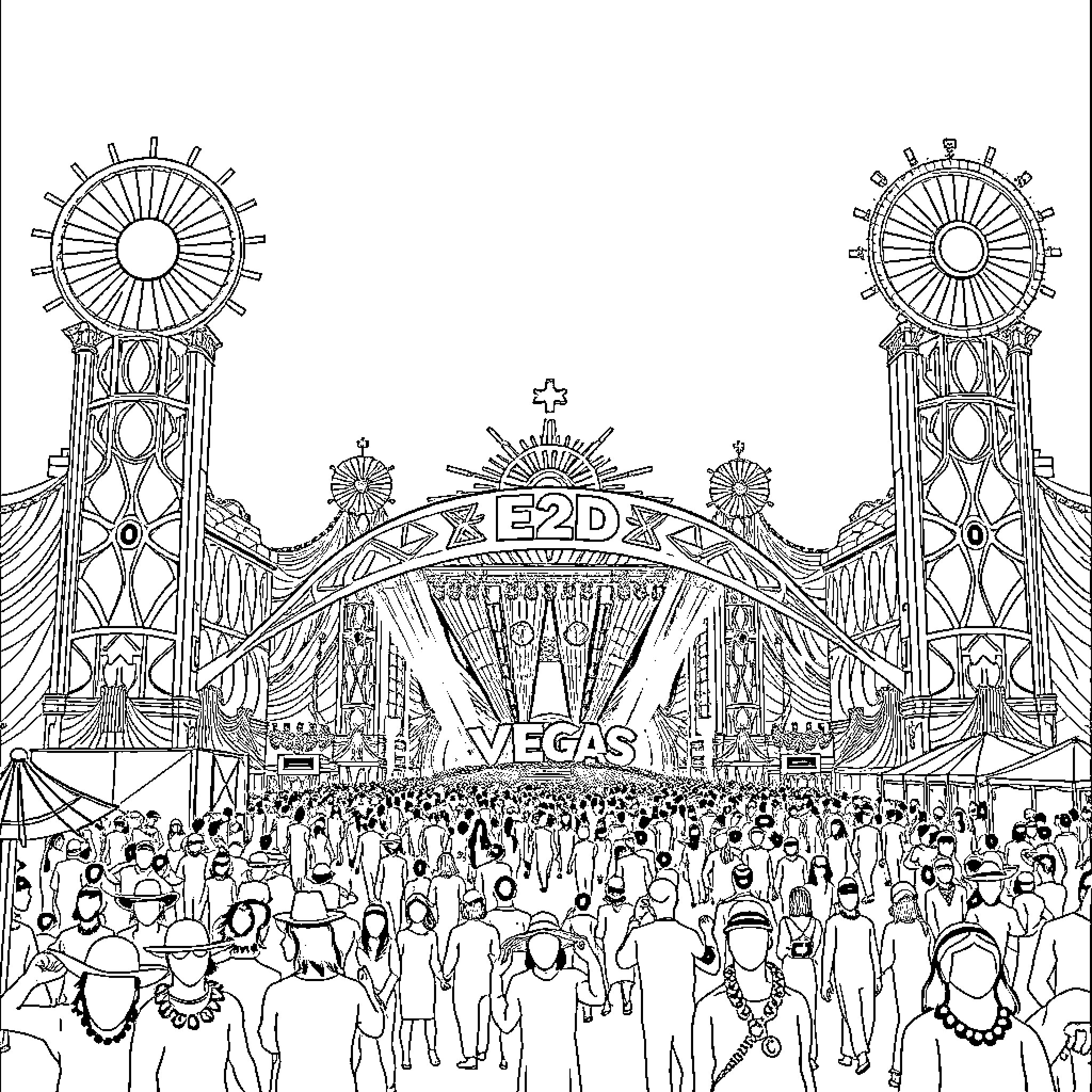 Stage of Lively Festival Celebration in Vegas Coloring Page (free black-and-white line drawing printable PDF for all, from beginners to advanced learners, including children, teens, adults, and seniors)