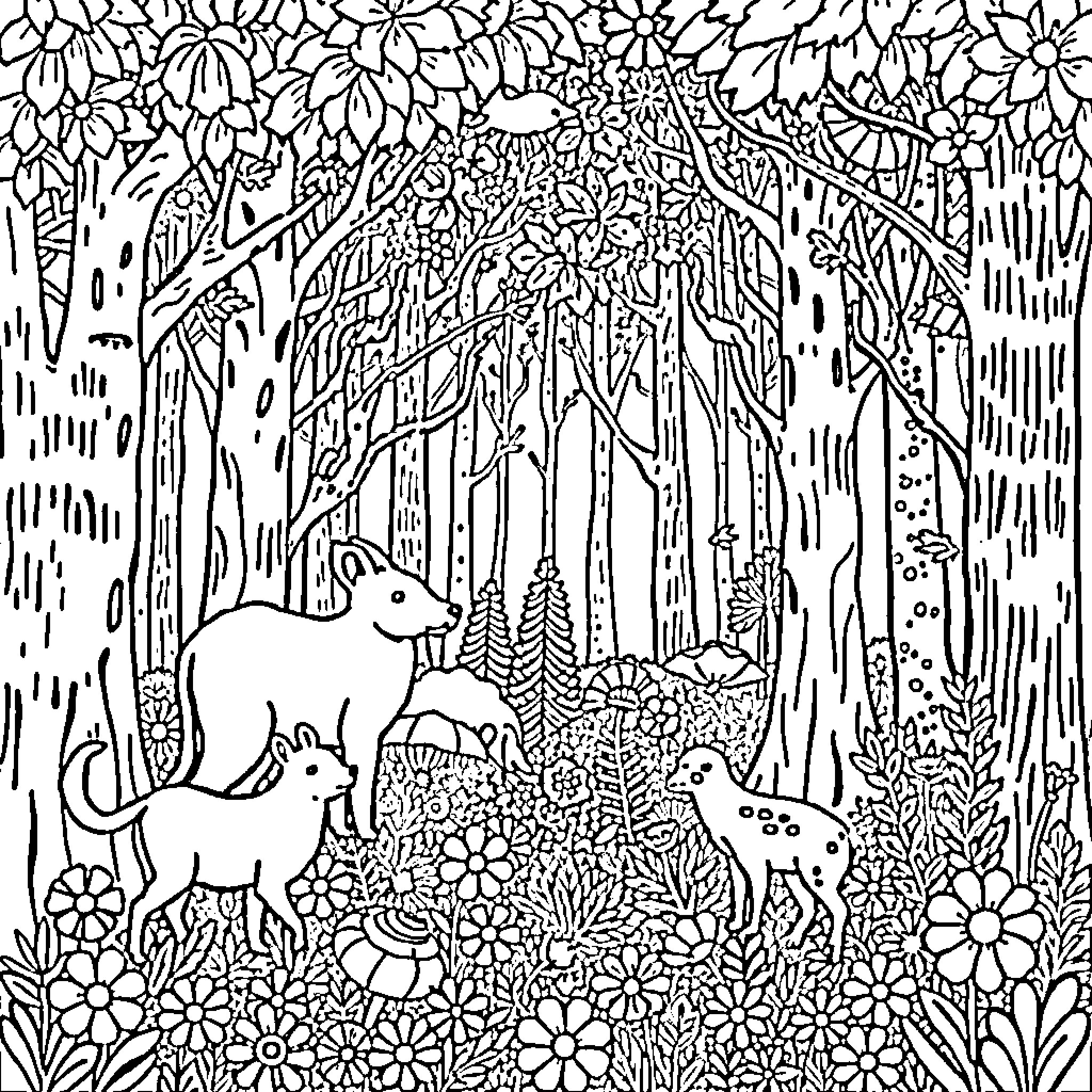 Forest scene with wildlife and floral elements Coloring Page (free black-and-white line drawing printable PDF for all, from beginners to advanced learners, including children, teens, adults, and seniors)