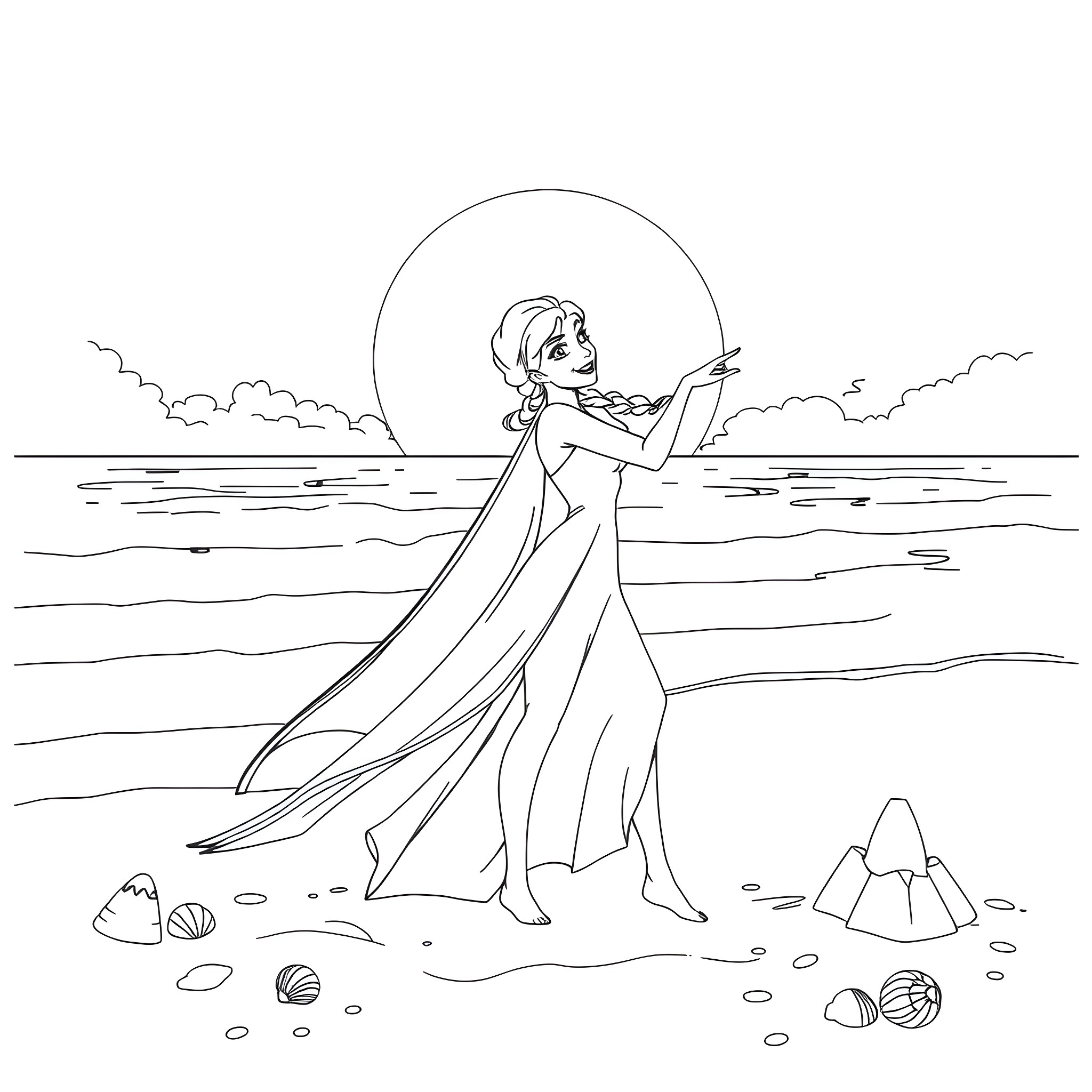 Elsa enjoying the serenity of the beach Coloring Page (free black-and-white line drawing printable PDF for all, from beginners to advanced learners, including children, teens, adults, and seniors)