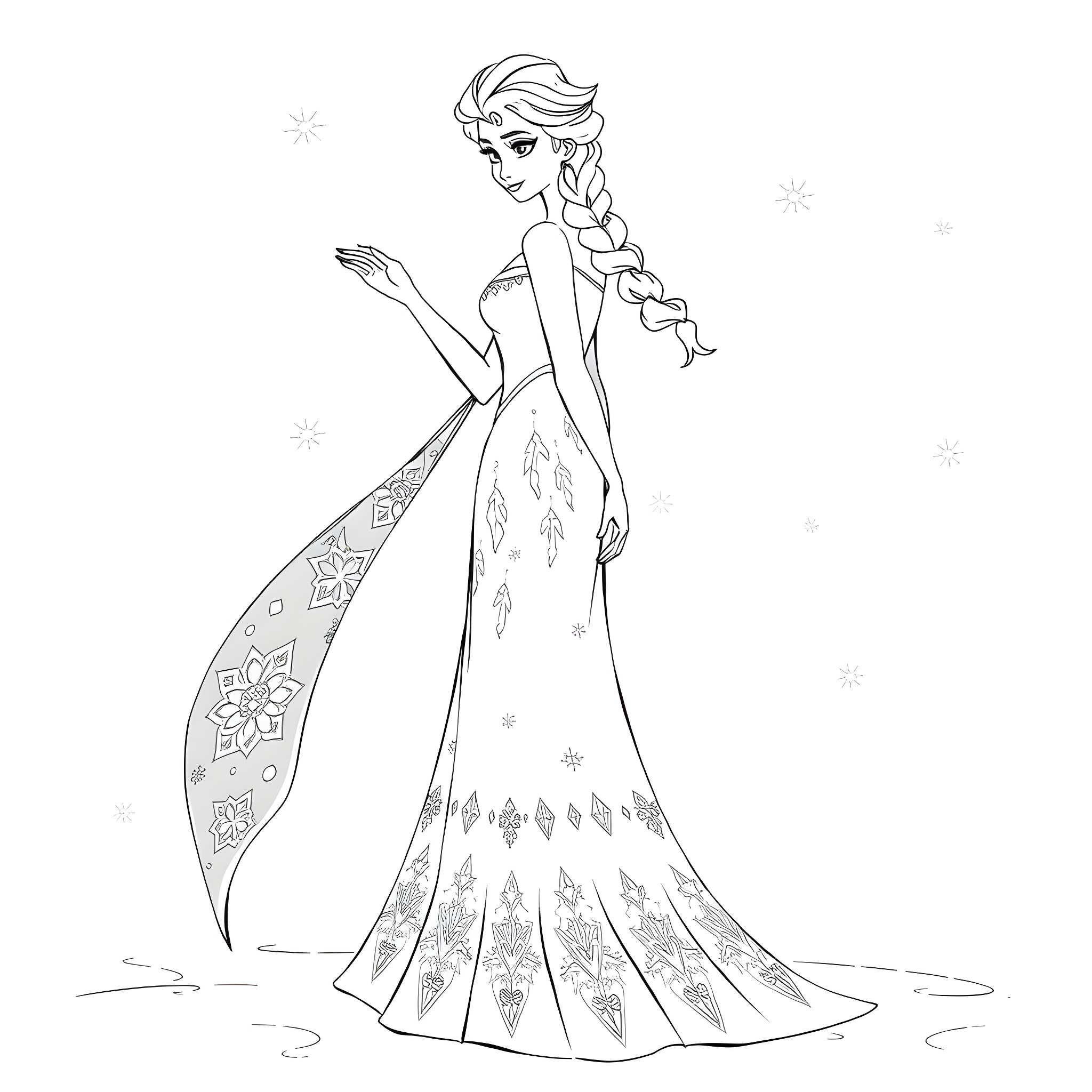 Elsa in a Regal Winter Gown Coloring Page (free black-and-white line drawing printable PDF for all, from beginners to advanced learners, including children, teens, adults, and seniors)