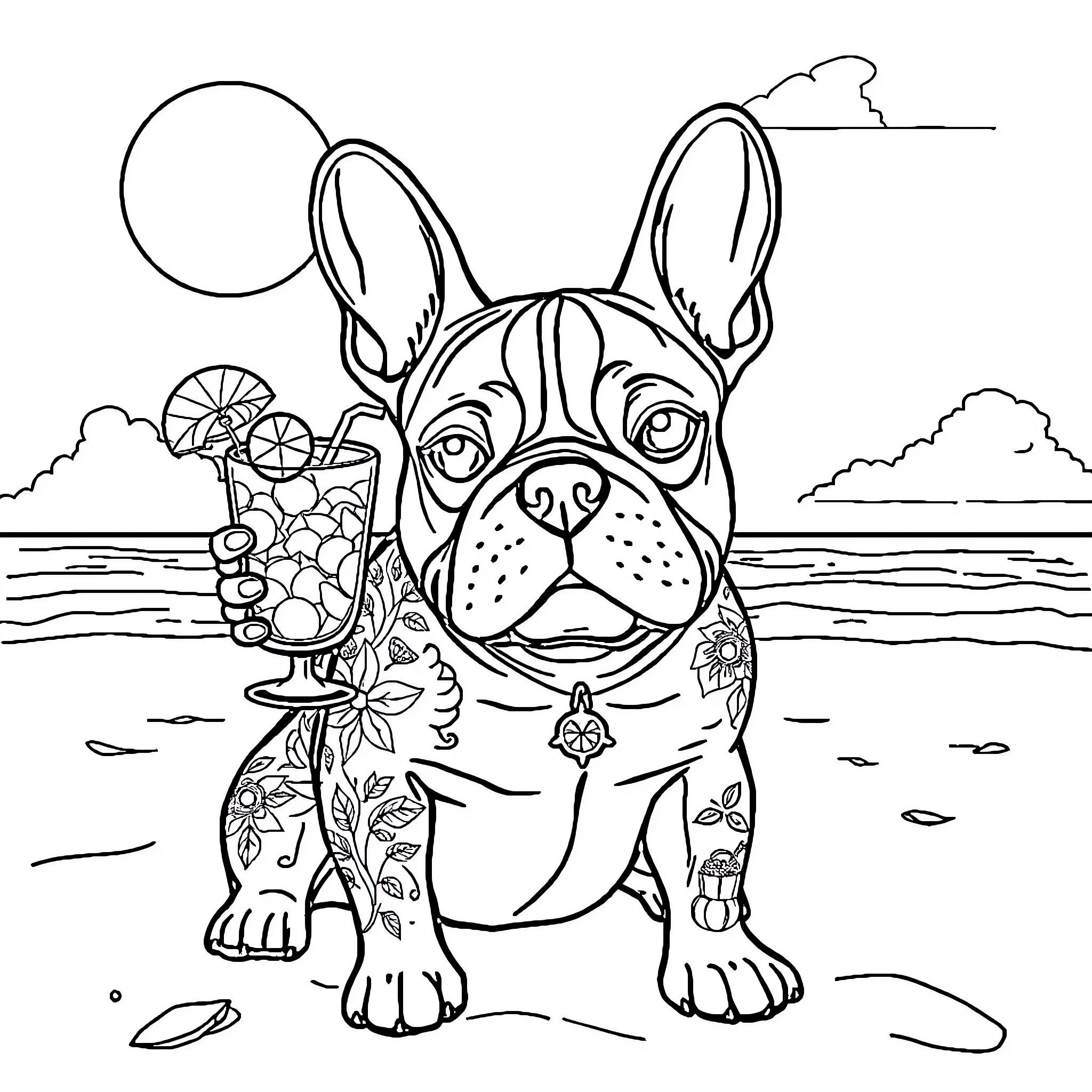 French Bulldog enjoying a tropical beach scene Coloring Page (free black-and-white line drawing printable PDF for all, from beginners to advanced learners, including children, teens, adults, and seniors)