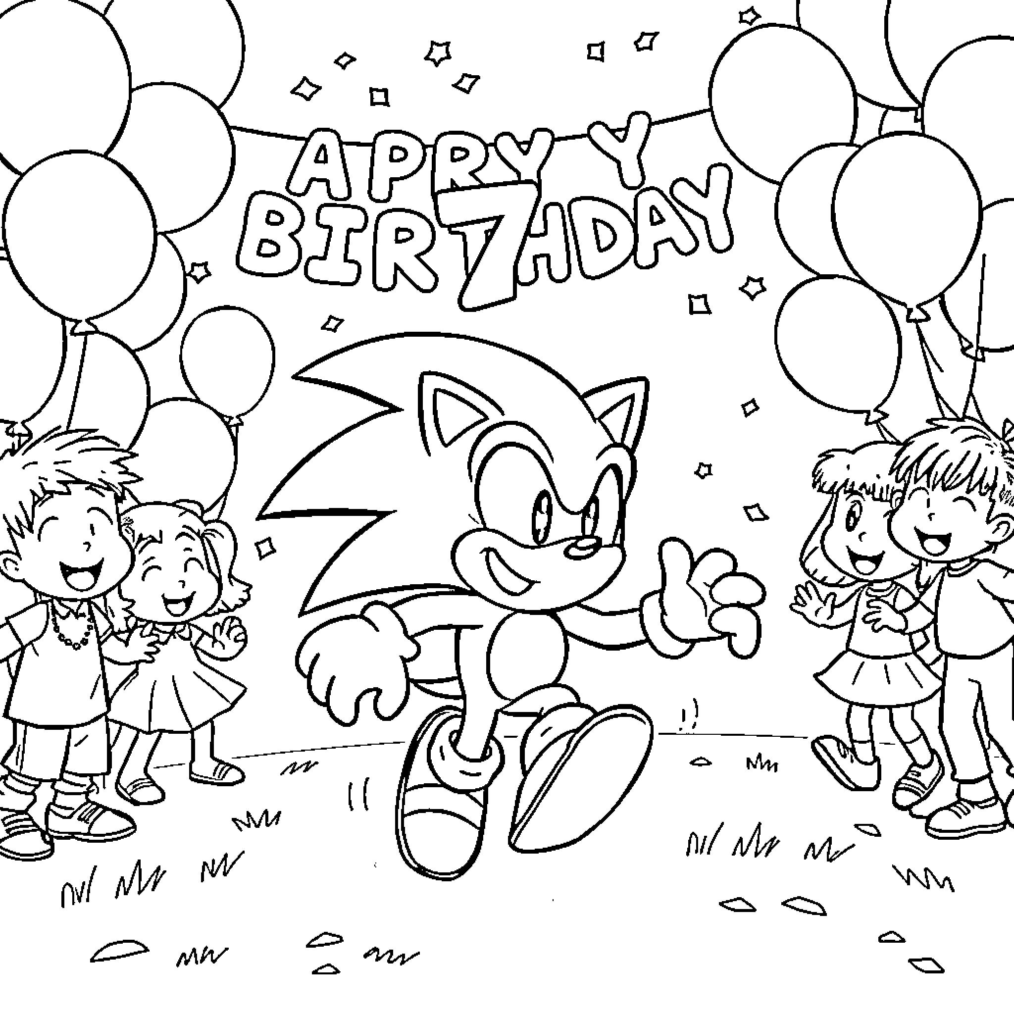 Sonic's Happy Birthday with Friends Coloring Page (free black-and-white line drawing printable PDF for all, from beginners to advanced learners, including children, teens, adults, and seniors)