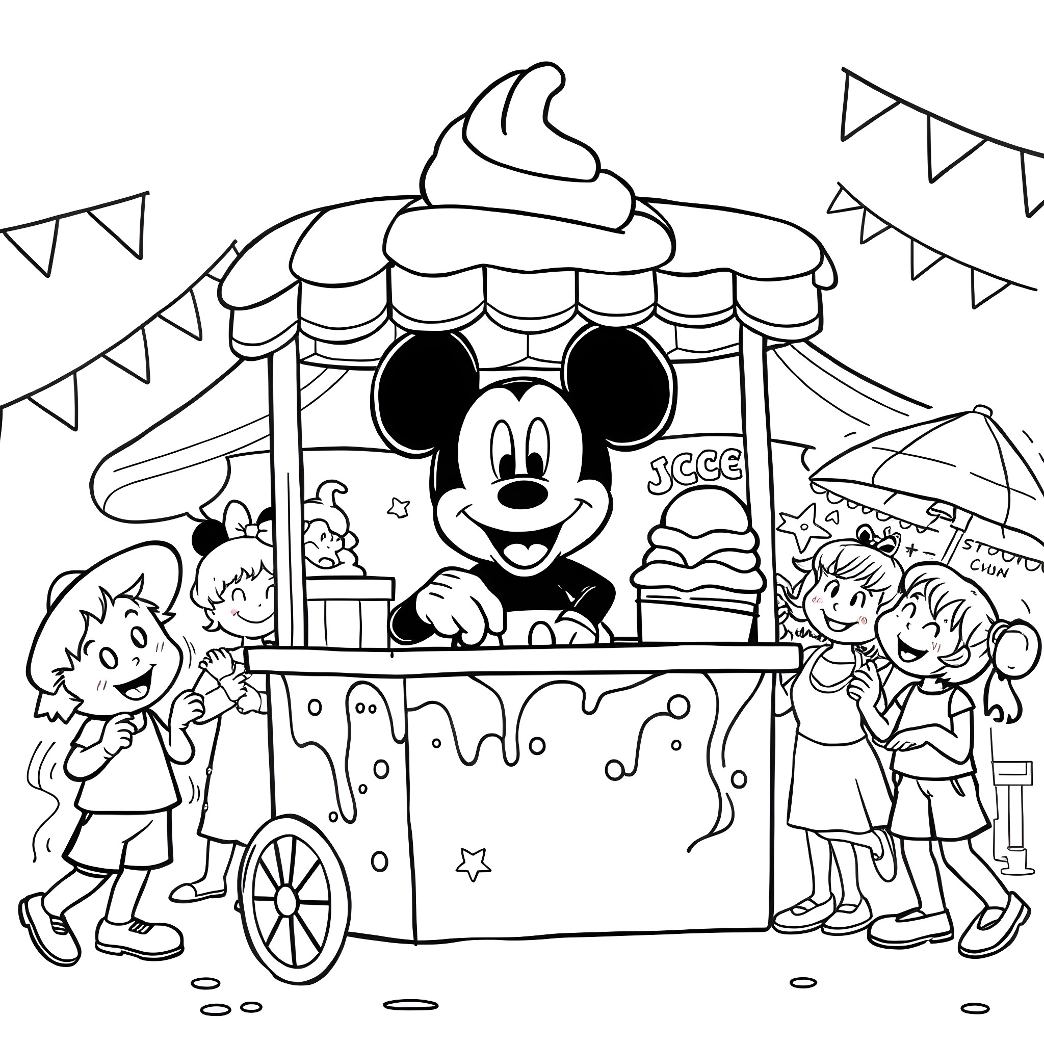 Mickey Mouse running a carnival food stand Coloring Page (free black-and-white line drawing printable PDF for all, from beginners to advanced learners, including children, teens, adults, and seniors)